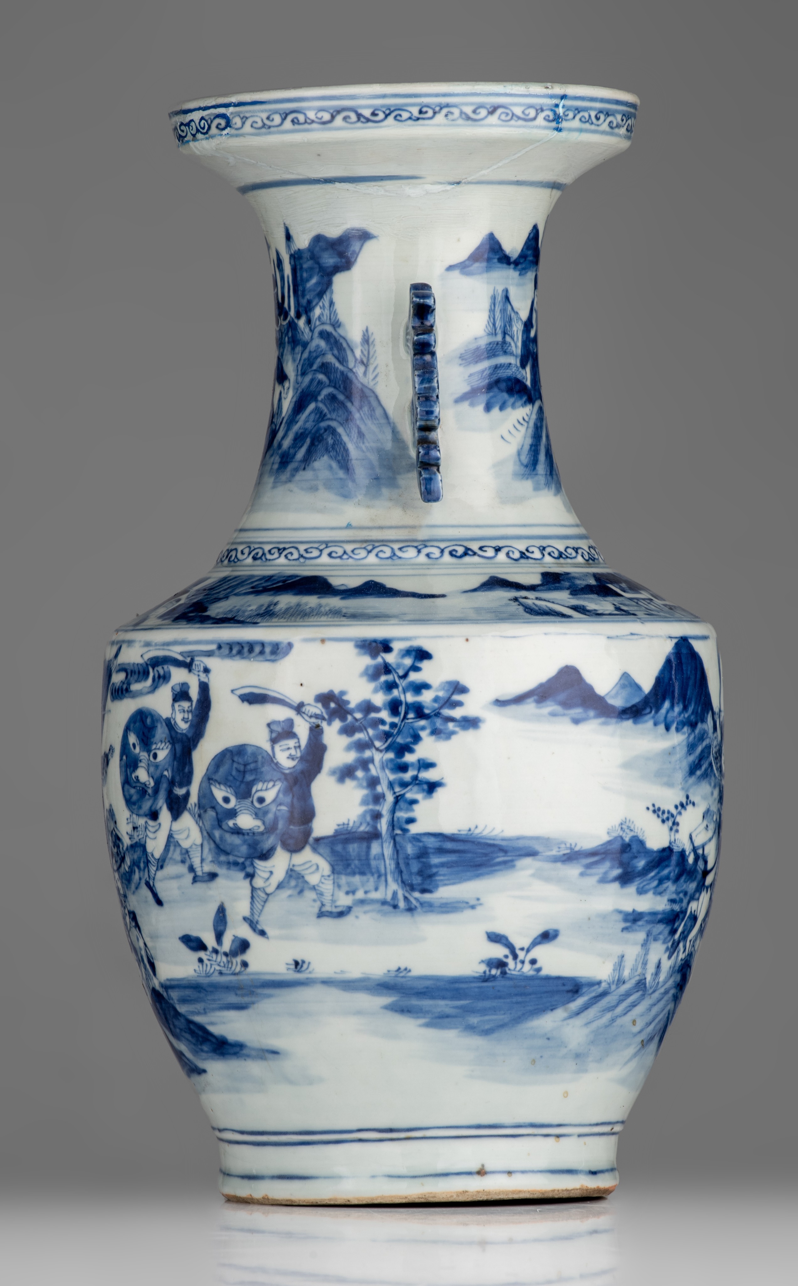 A Chinese blue and white Hu vase, paired with foliate handles, 19thC, H 44 cm - and a ditto jar, 19t - Image 5 of 13