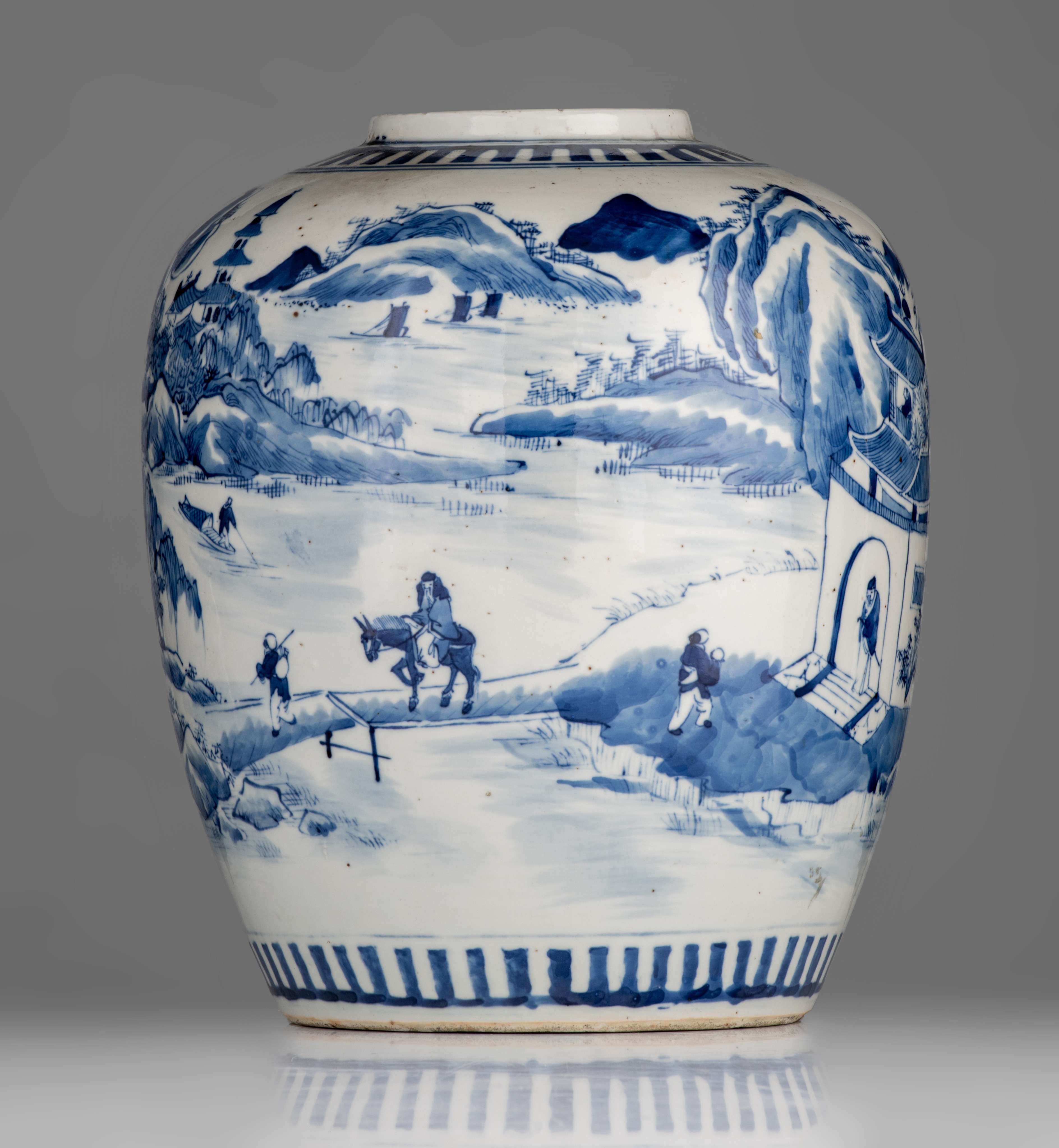 A Chinese blue and white Hu vase, paired with foliate handles, 19thC, H 44 cm - and a ditto jar, 19t - Image 11 of 13