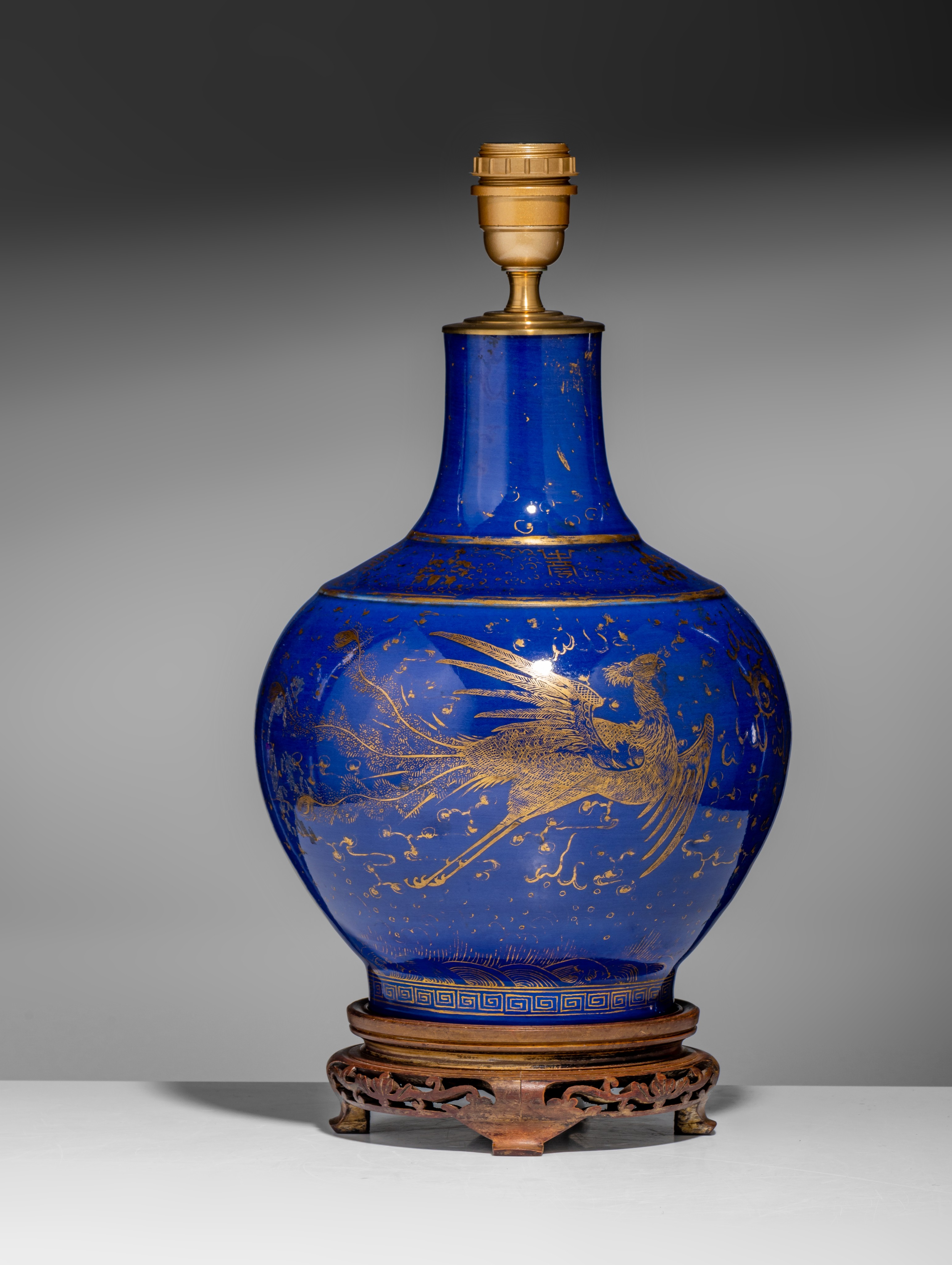 A Chinese gilt on blue ground bottle vase with mounts, 19thC, H 43 cm - and a blue and white 'Double - Image 9 of 12