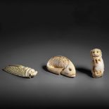 Two ivory okimono and one ditto netsuke, 19th/early 20thC, 15g - 17g - 8g (+)