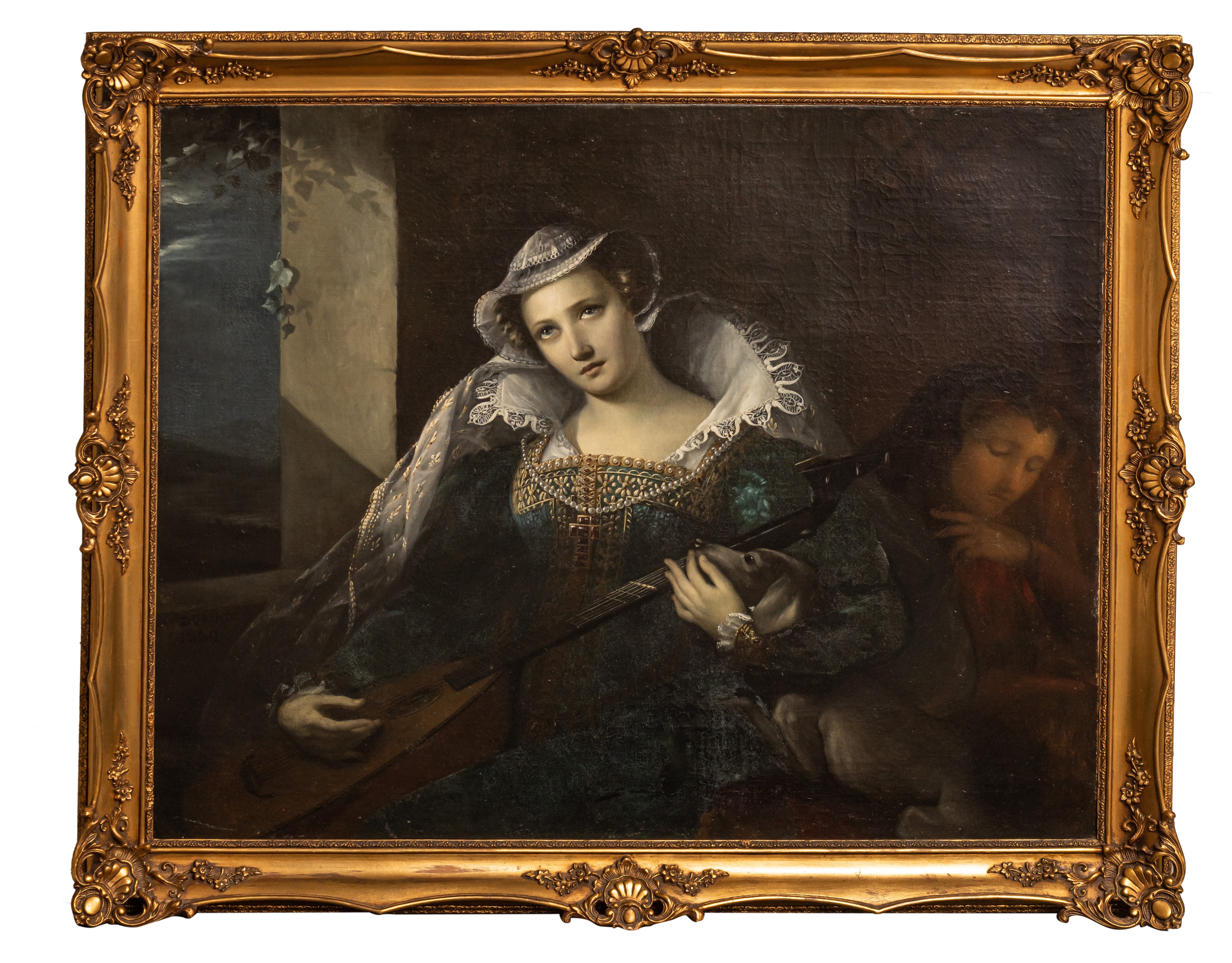 Adèle (De) Kindt (possibly) (1799-1884), lady playing the lyre under the moonlight, 1824, oil on can - Image 2 of 6