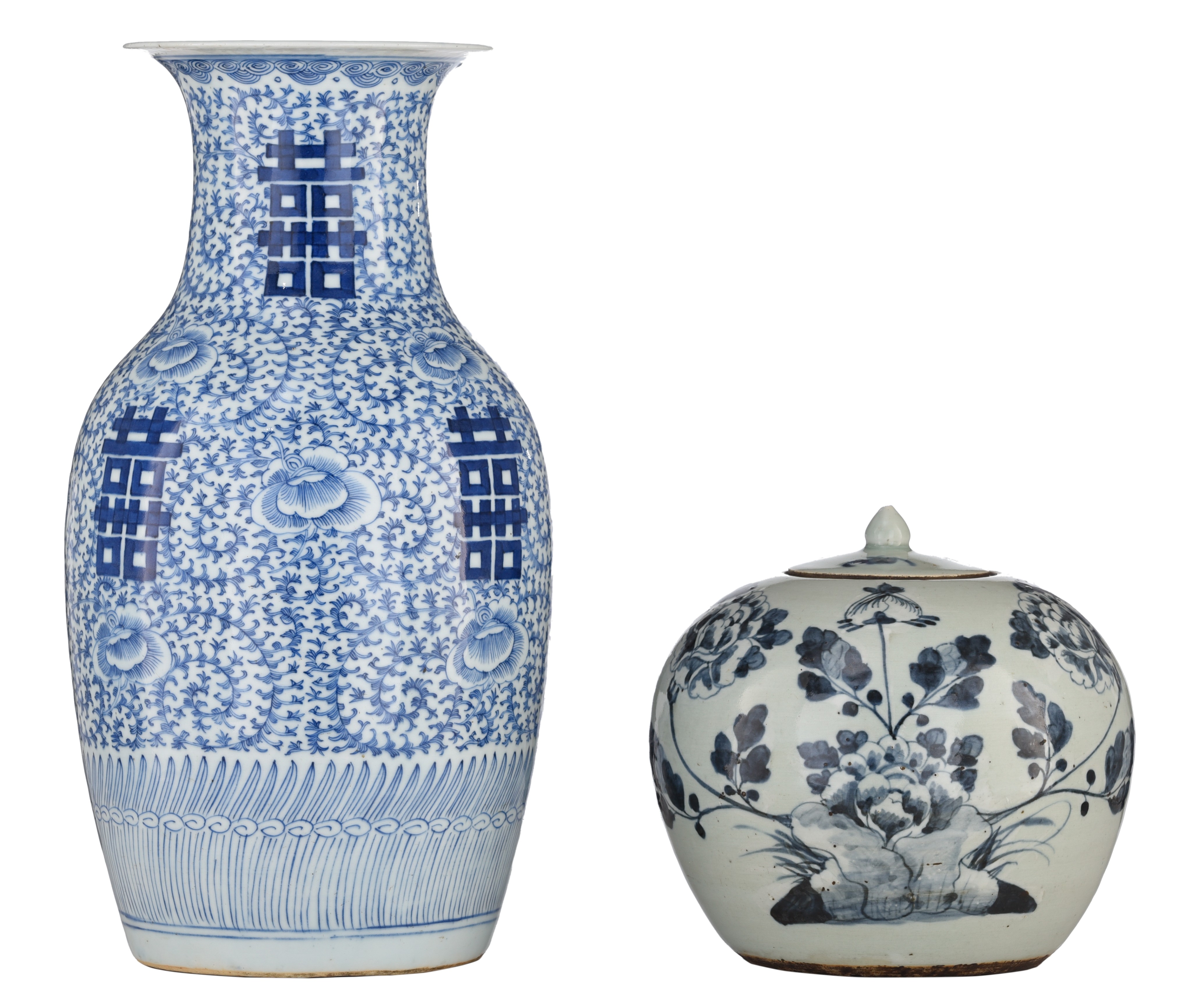 A Chinese blue and white 'Double-Xi' vase, 19thC, H 42,5 cm - added a blue and white on celadon grou