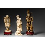 Three various Japanese carved ivory okimono (+)
