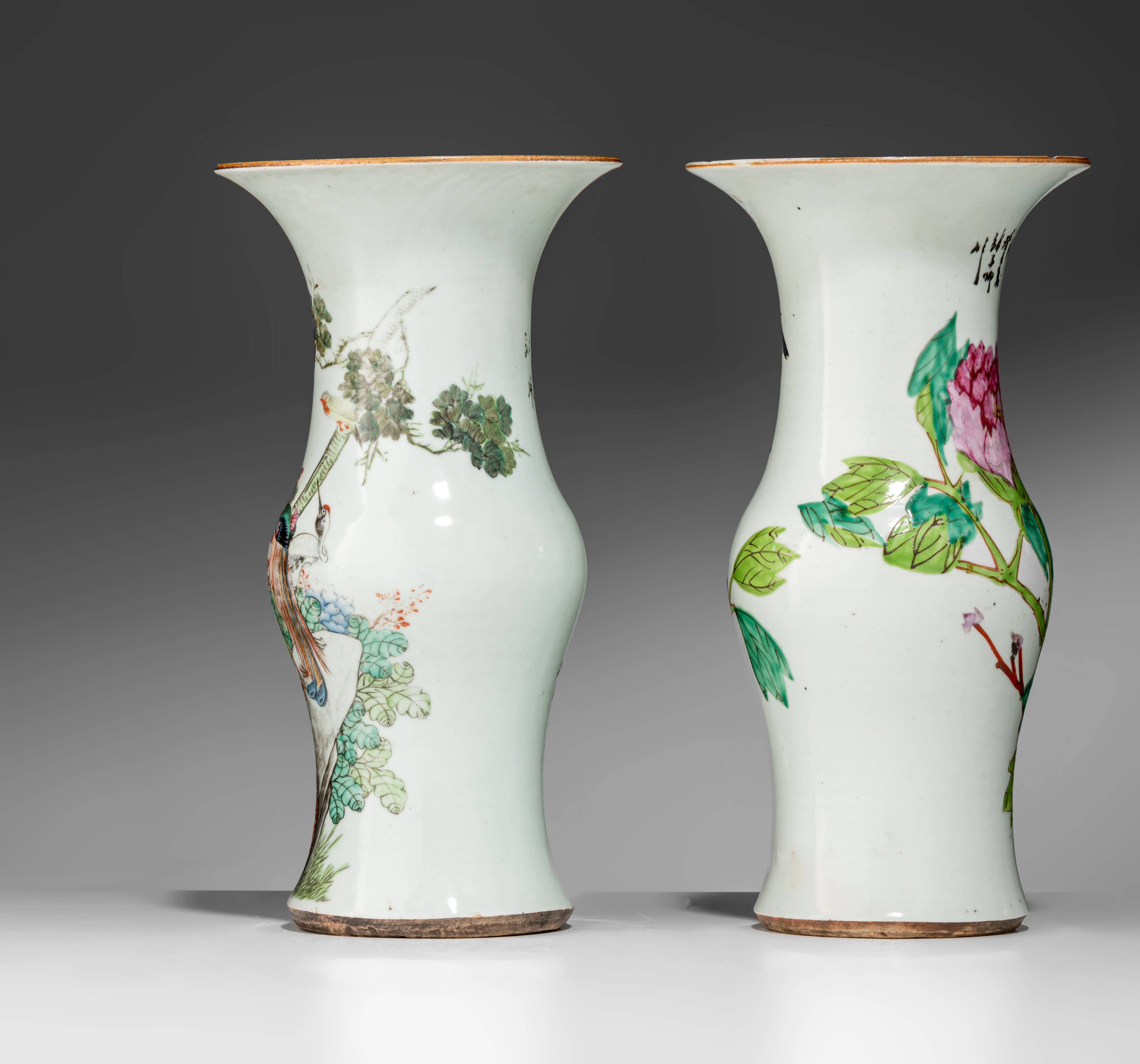 Four Chinese Qianjiangcai and famille rose phoenix-tail vases, Republic period, H 36 cm - Image 5 of 7