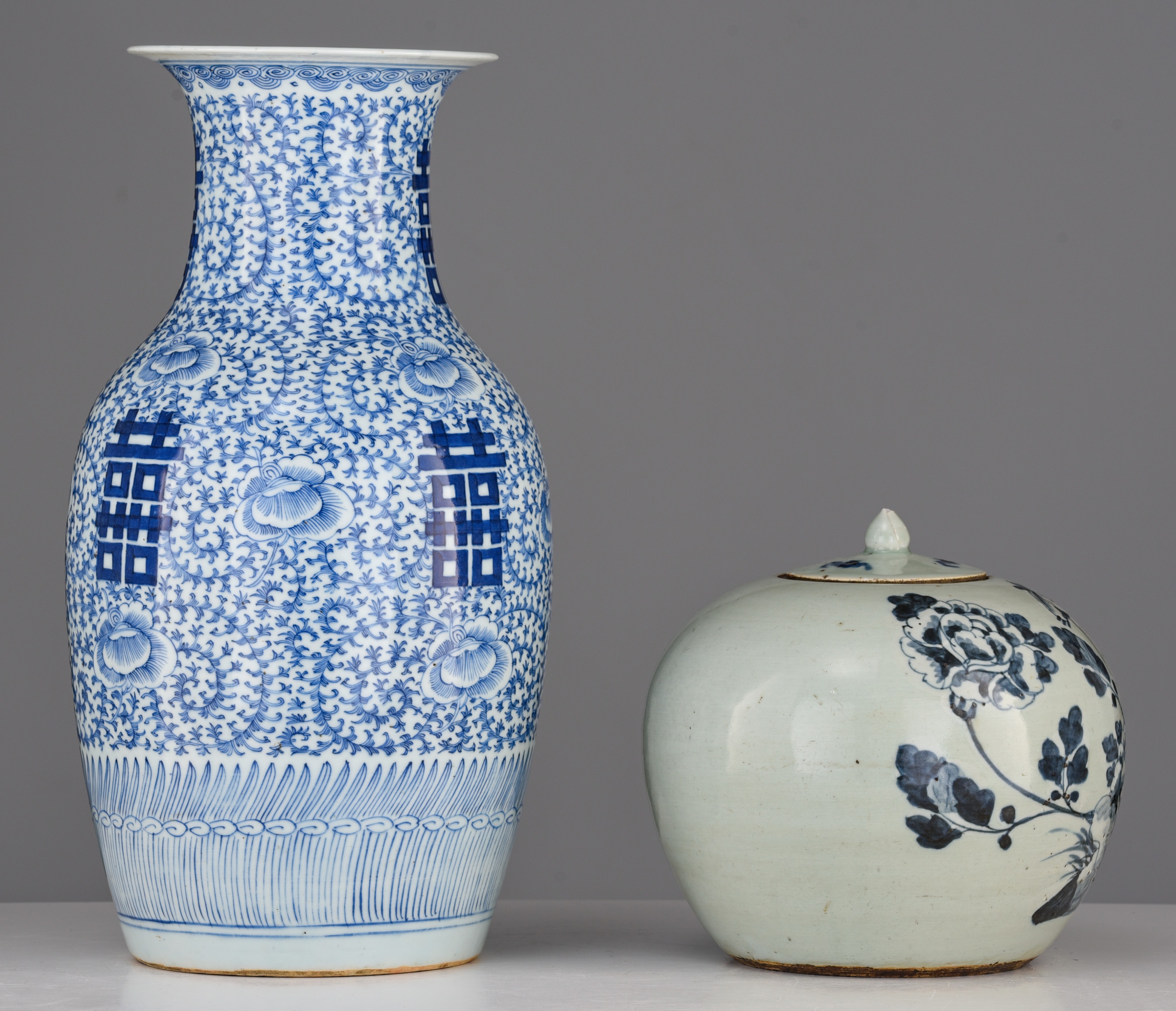 A Chinese blue and white 'Double-Xi' vase, 19thC, H 42,5 cm - added a blue and white on celadon grou - Image 5 of 7