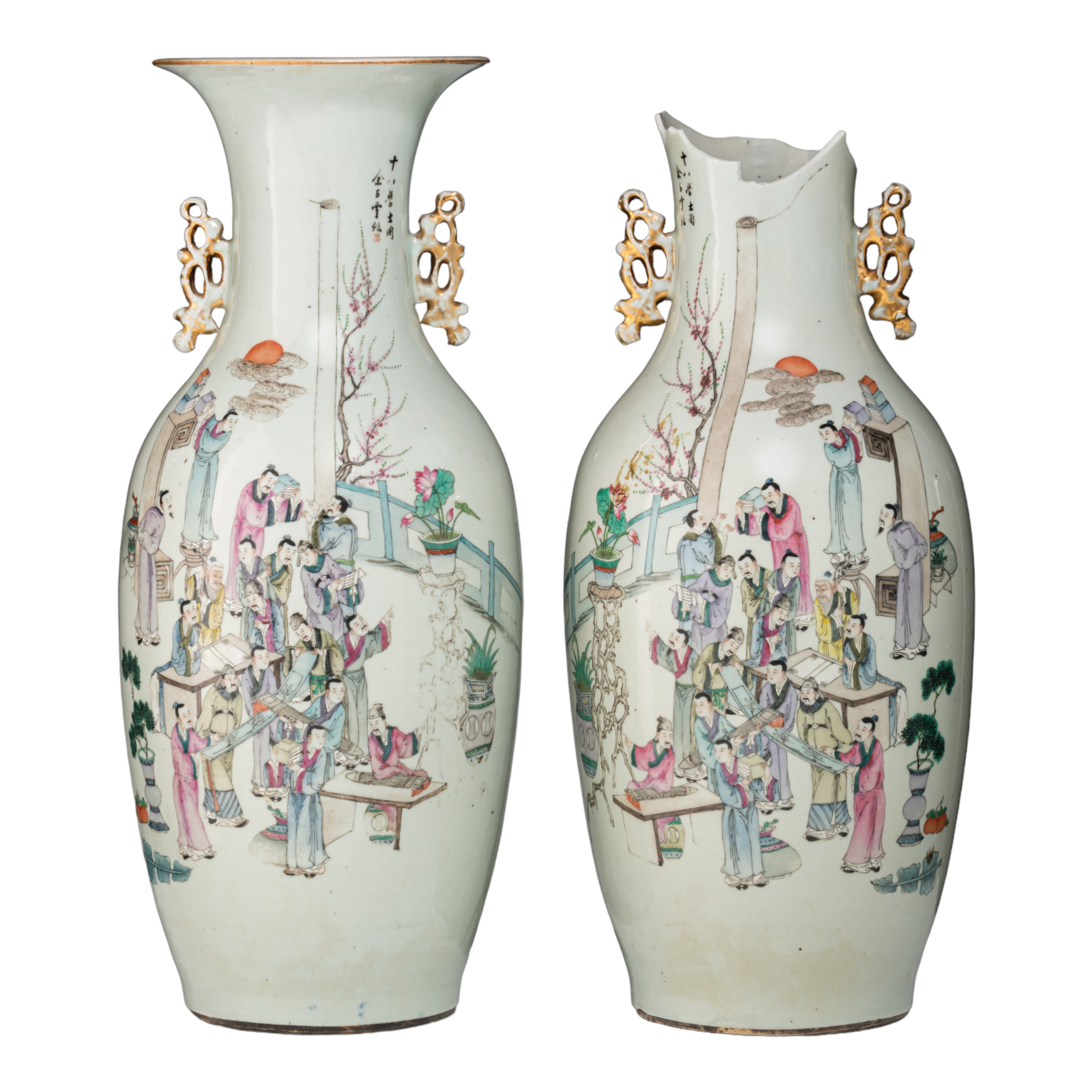 A pair of Chinese Qianjiangcai 'Scholars' vases, paired with lingzhi handles, Republic period, H 58