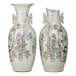 A pair of Chinese Qianjiangcai 'Scholars' vases, paired with lingzhi handles, Republic period, H 58