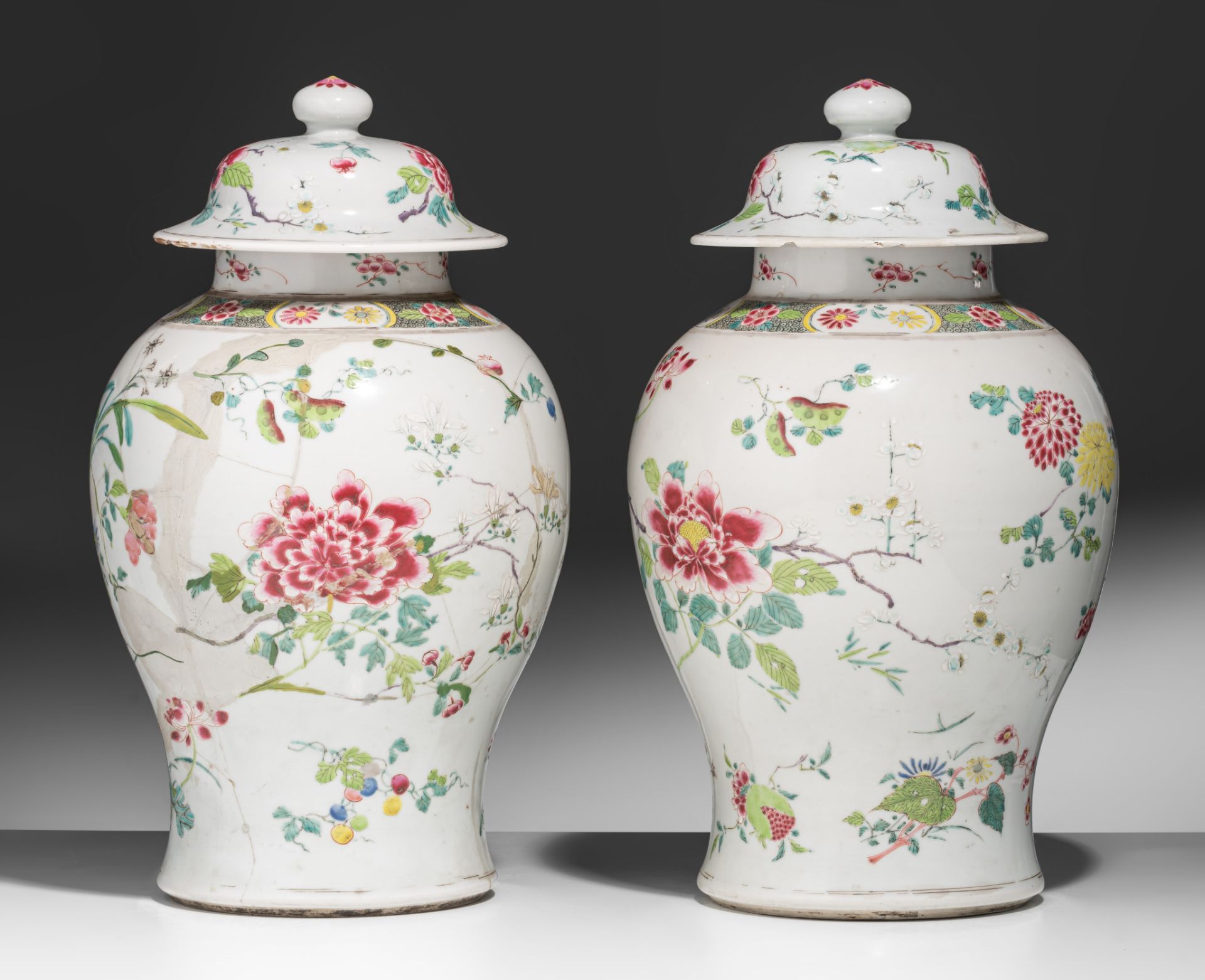 A pair of Chinese famille rose floral decorated covered vases, Yonghzeng period, H 42 cm - Image 3 of 9