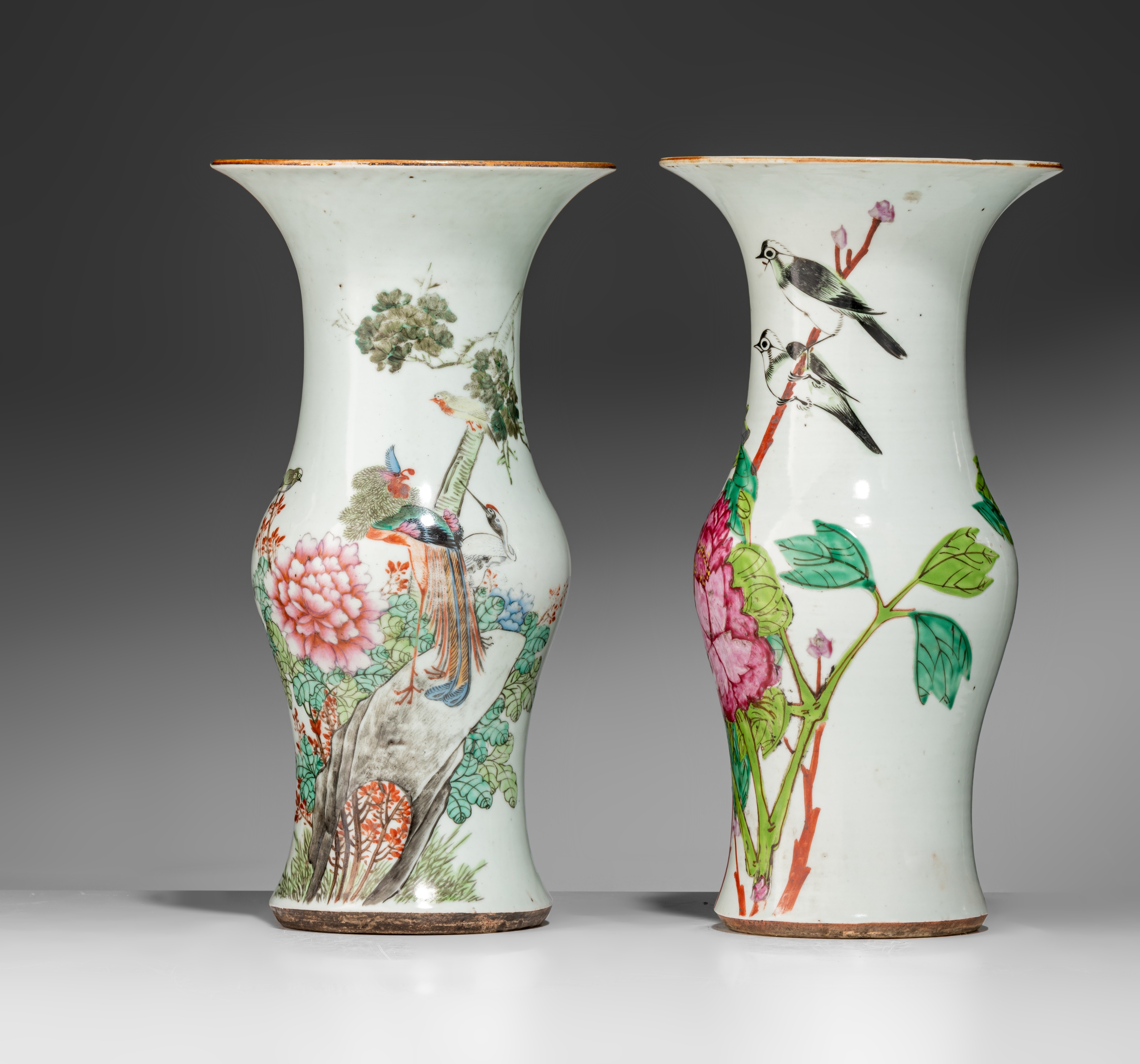 Four Chinese Qianjiangcai and famille rose phoenix-tail vases, Republic period, H 36 cm - Image 4 of 7