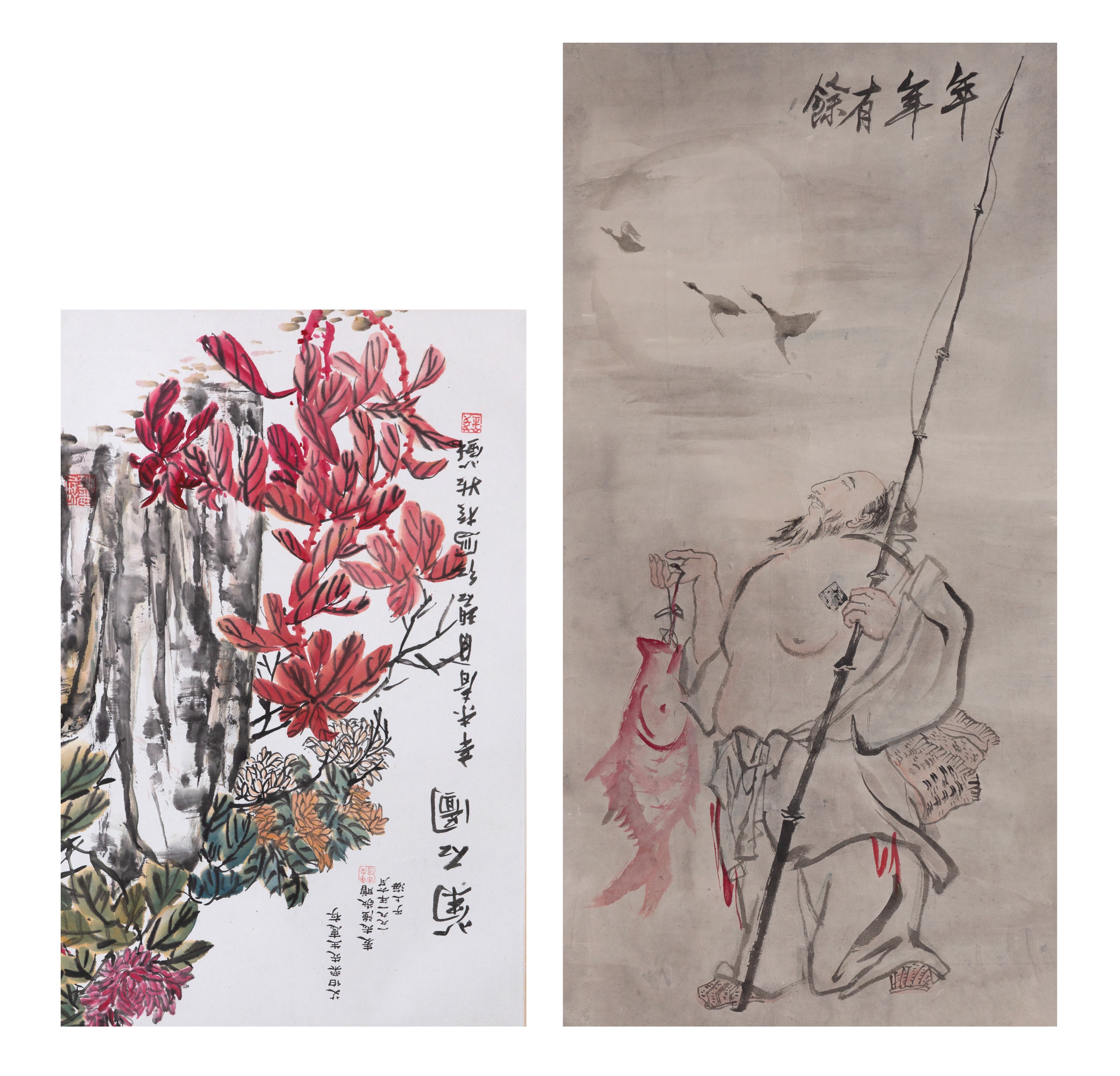 Two Chinese scroll paintings, ink and watercolour on paper, 20thC, 43 x 66,5 cm and 55 x 109 cm