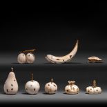 Five Chinese ivory fruits with shibayama decoration of insects, Meiji period, total weight 656g (+)