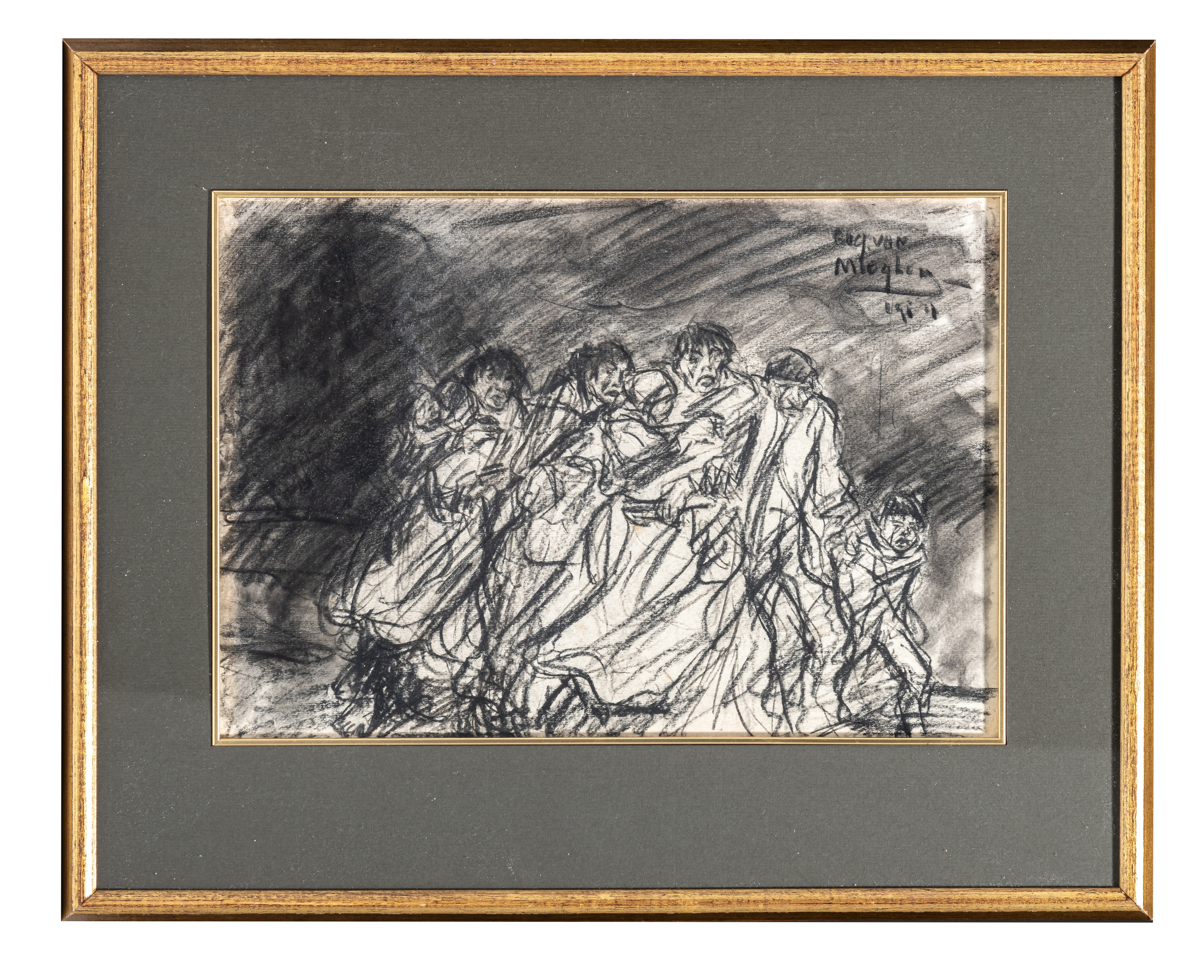 Eugeen Van Mieghem (1875-1930), fleeing family, charcoal and wash drawing, 24,5 x 35,5 cm - Image 2 of 3