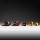 Three netsuke and two oijme, 19th/20thC, W 4,9 cm - W 3,9 cm - W 4 cm - W 2,2 cm - W 2,9 cm