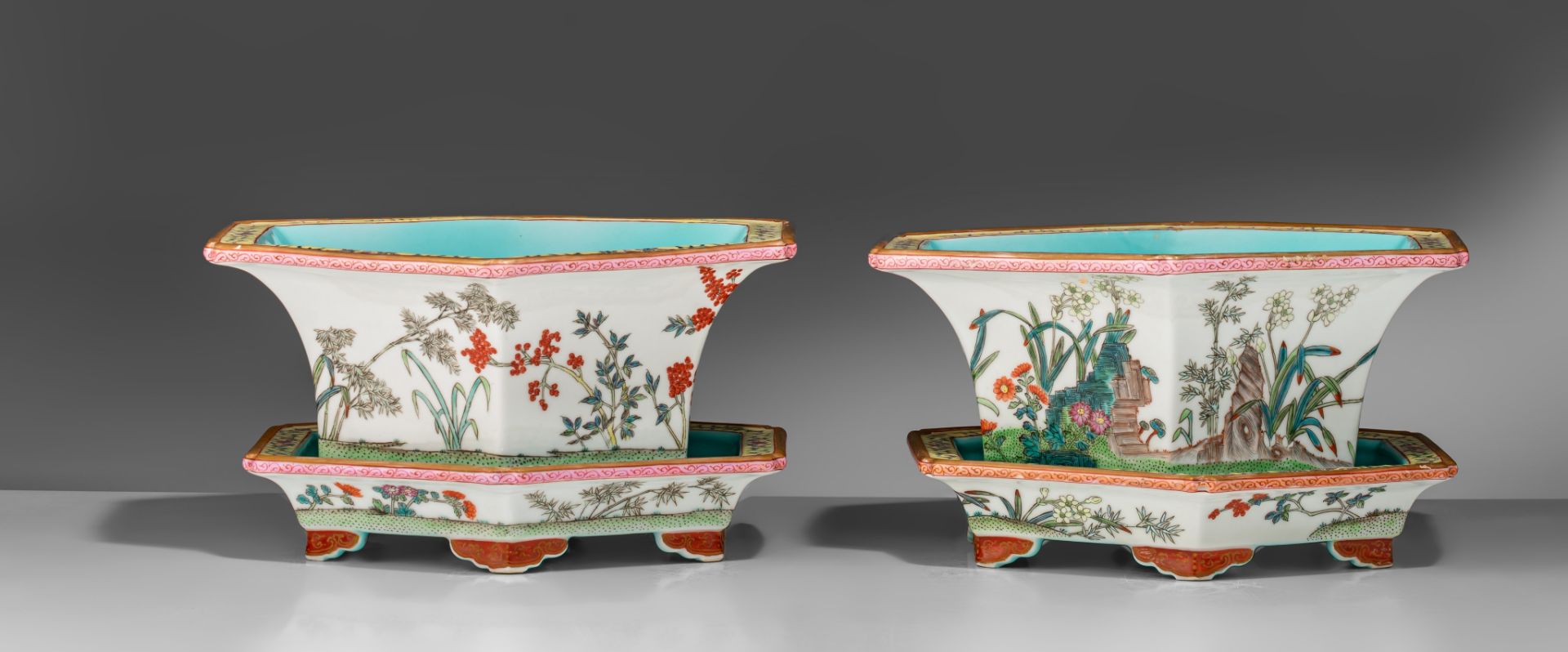 A pair of Chinese famille rose and turquoise enamelled hexagonal jardinières and stands, marked Shen - Image 4 of 12