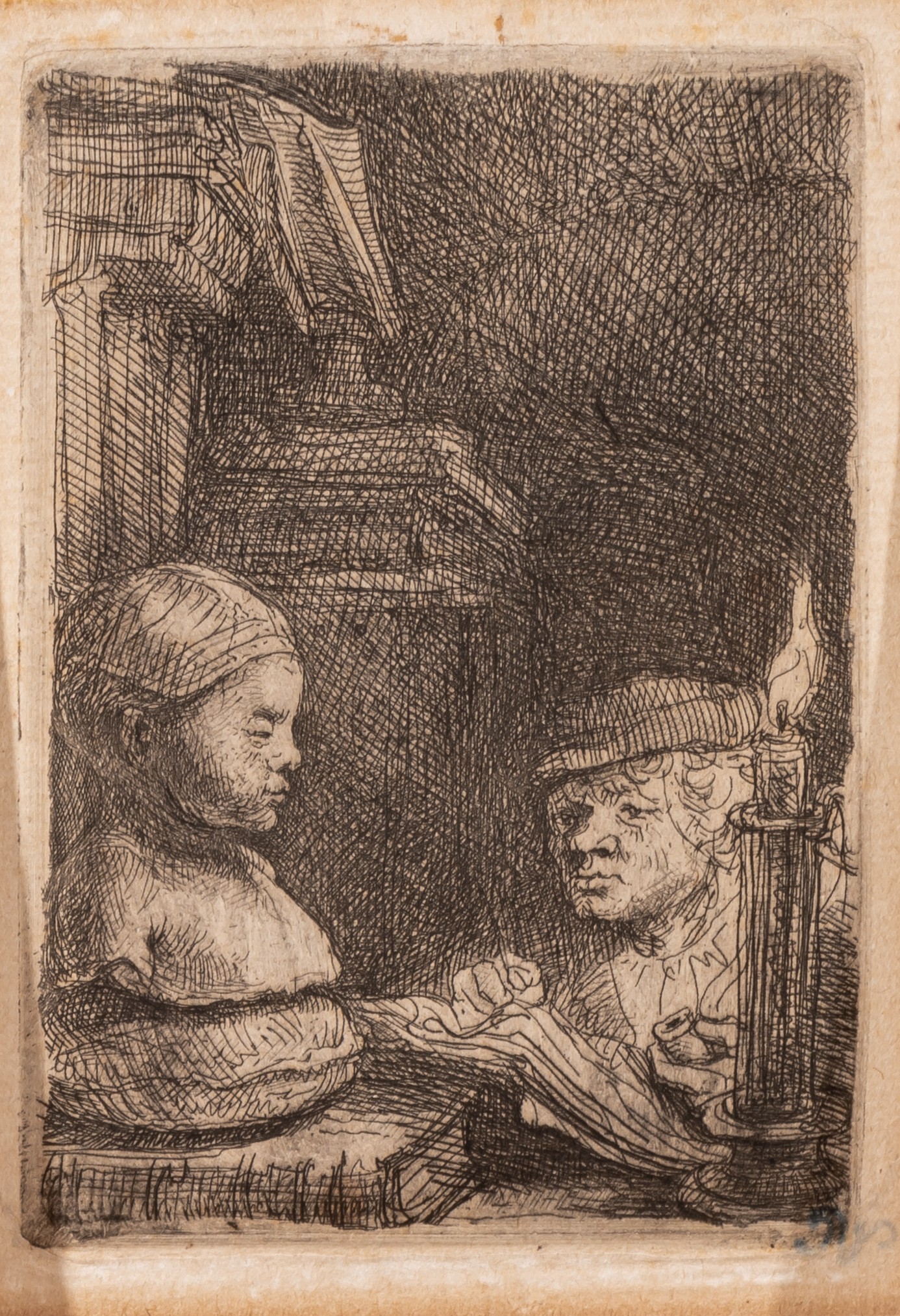 Rembrandt Harmensz. van Rijn (1606-1669), man drawing from a cast, created ca. 1641, etching, 64 x