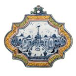 An 18thC Dutch Delft blue and white and polychrome decorated plaque, H 22 cm