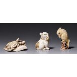 Two ivory okimono and one netsuke, late 19th/early 20thC, 38g - 25g - 18g (+)