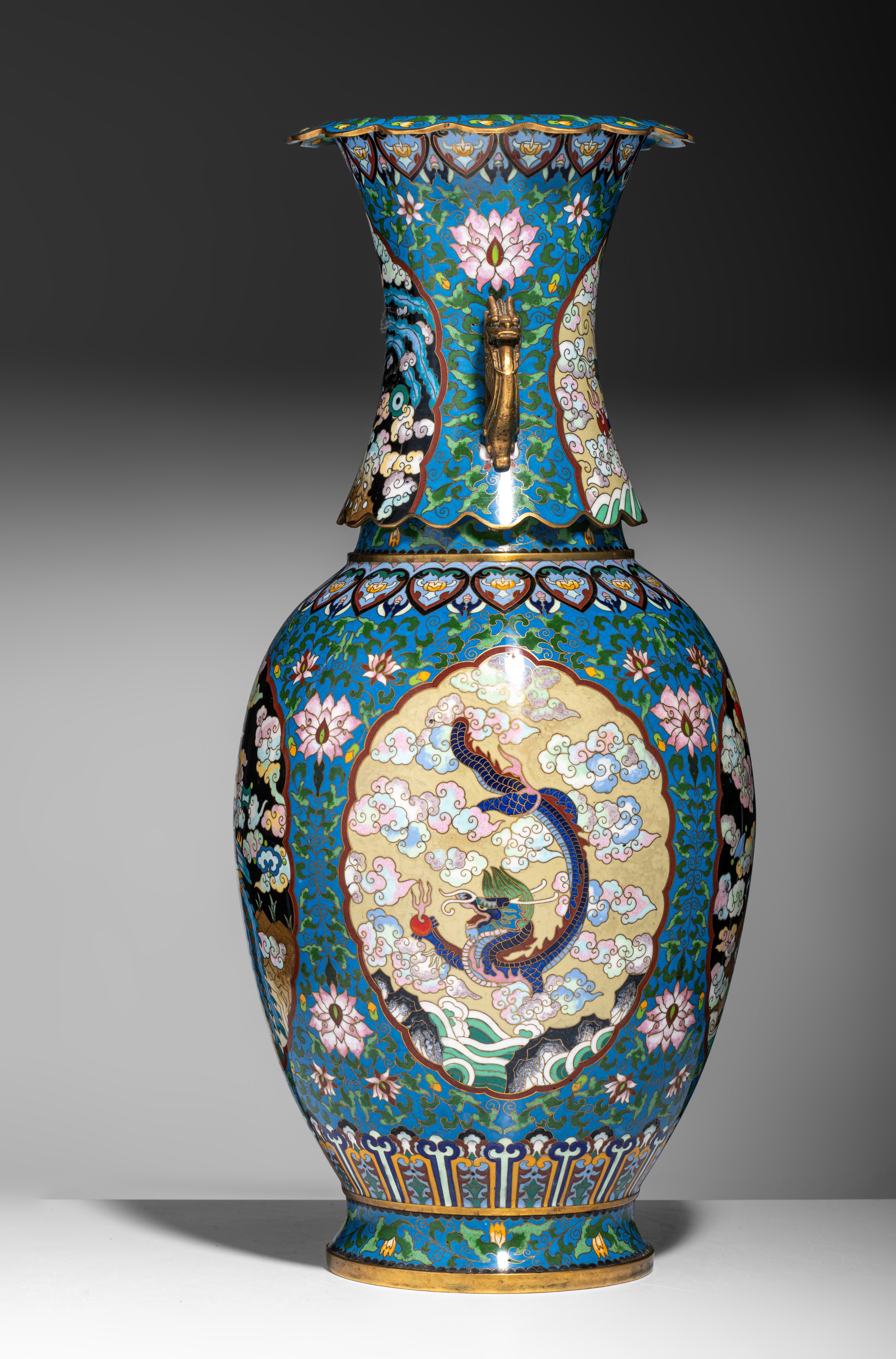 A Chinese cloisonné enamelled bronze vase, paired with dragon handles in gilt, with a Xuande mark, 2 - Image 3 of 11