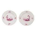 Two 18thC Tournai soft porcelain plates with a camaieu landscape decoration, ø 23 cm