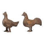 Two Chinese Han pottery figures of roosters, Han dynasty, H 21,8 - 22,8 cm