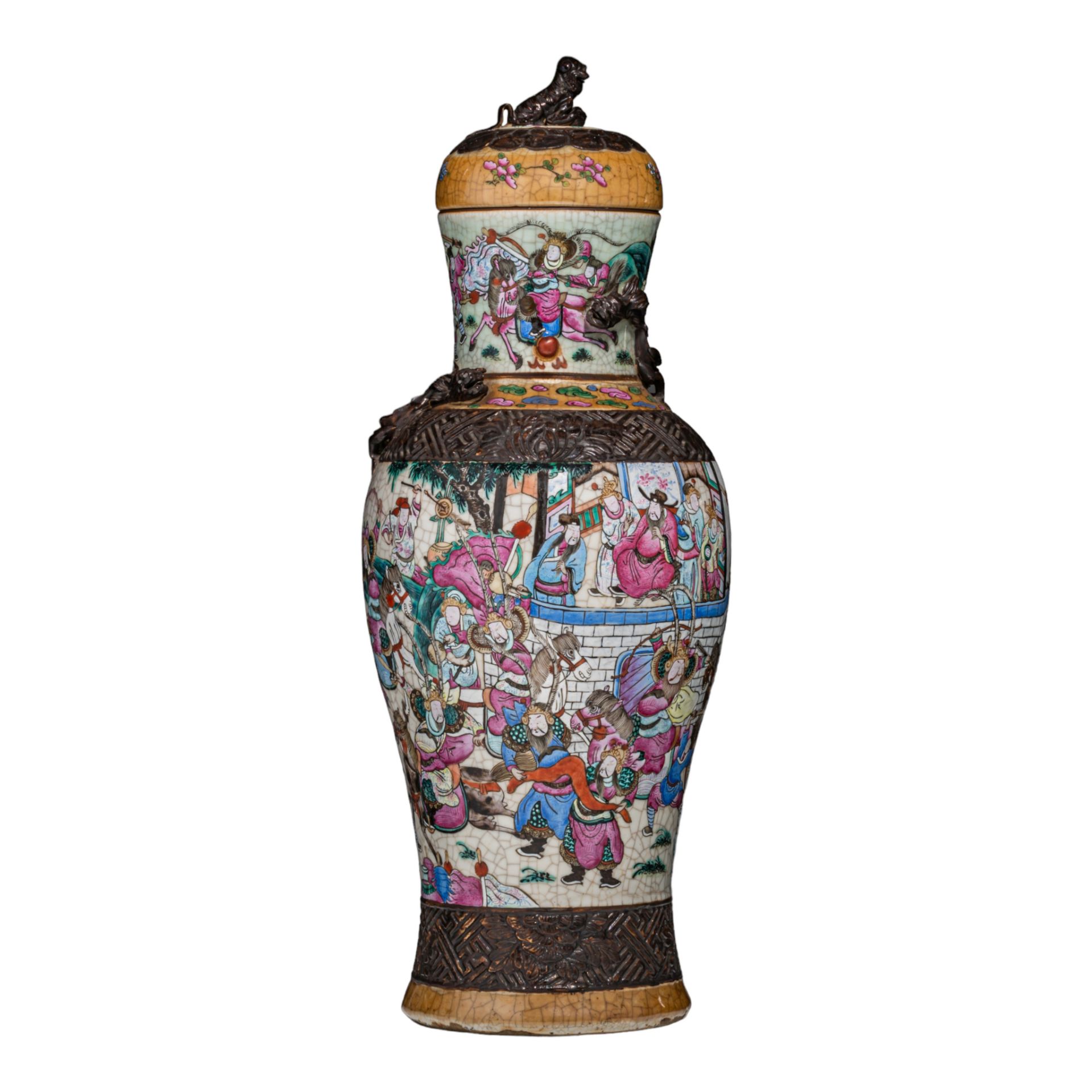 A Chinese famille rose 'Battle scene' Nanking stoneware lidded vase, 19thC, Total H 66 cm