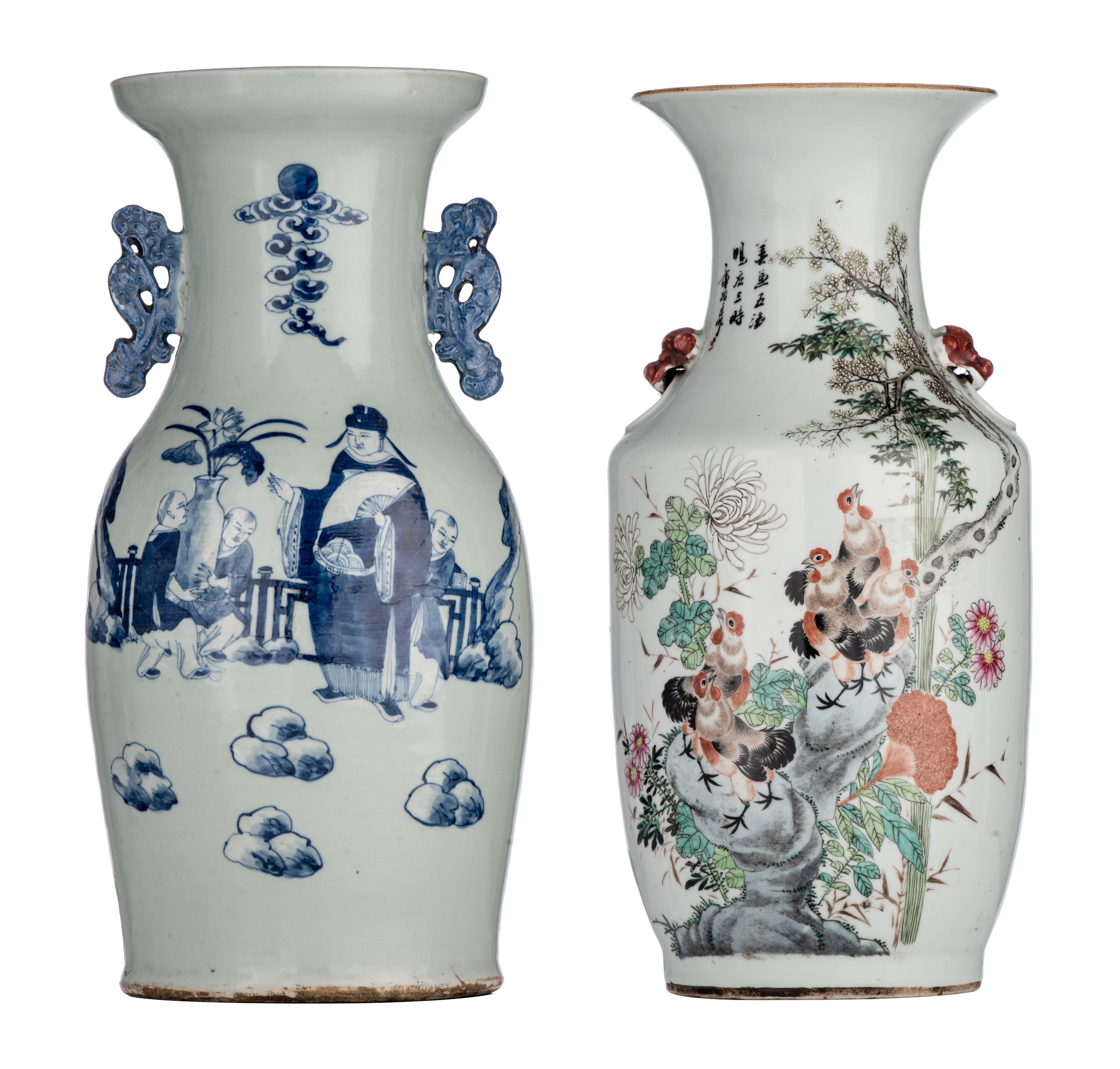 A Chinese famille rose 'cockerel' vase, Republic period, H 43,5 cm- and a blue and white on celadon