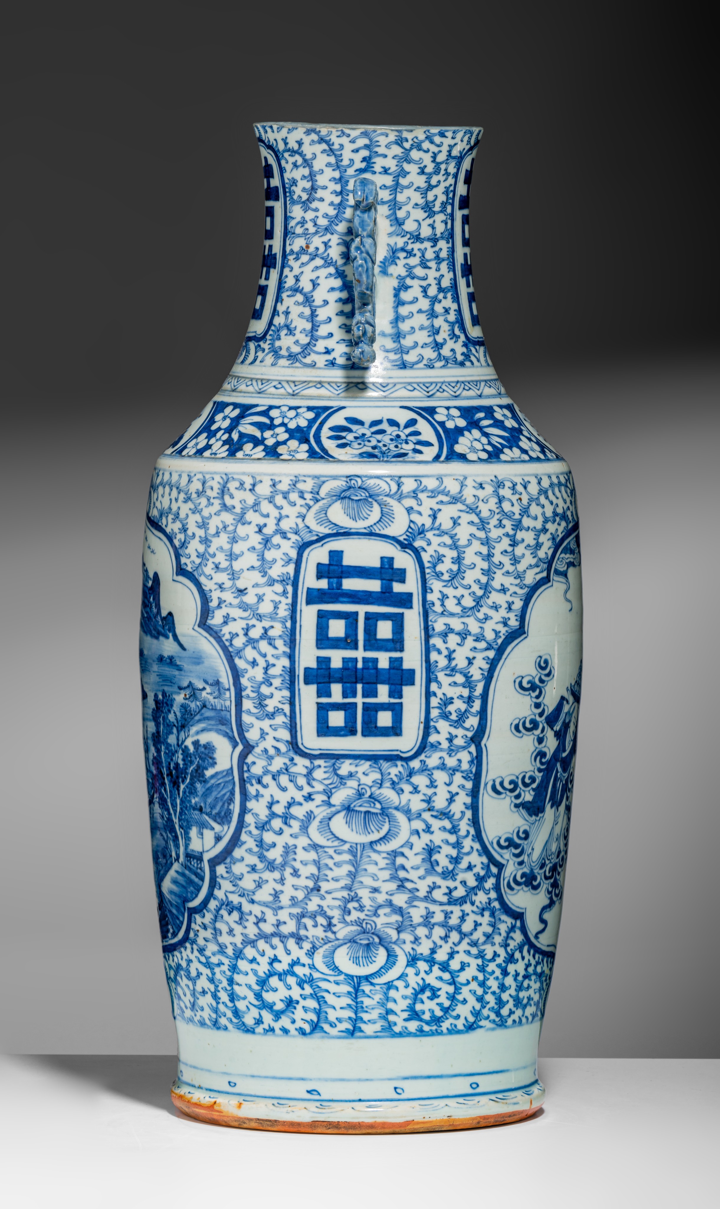 A Chinese gilt on blue ground bottle vase with mounts, 19thC, H 43 cm - and a blue and white 'Double - Image 5 of 12