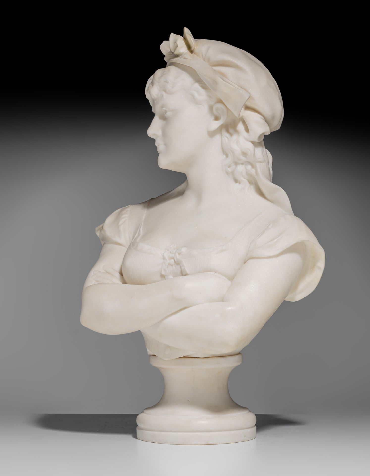 A Carara marble bust of a girl, H 56 cm - Image 3 of 11