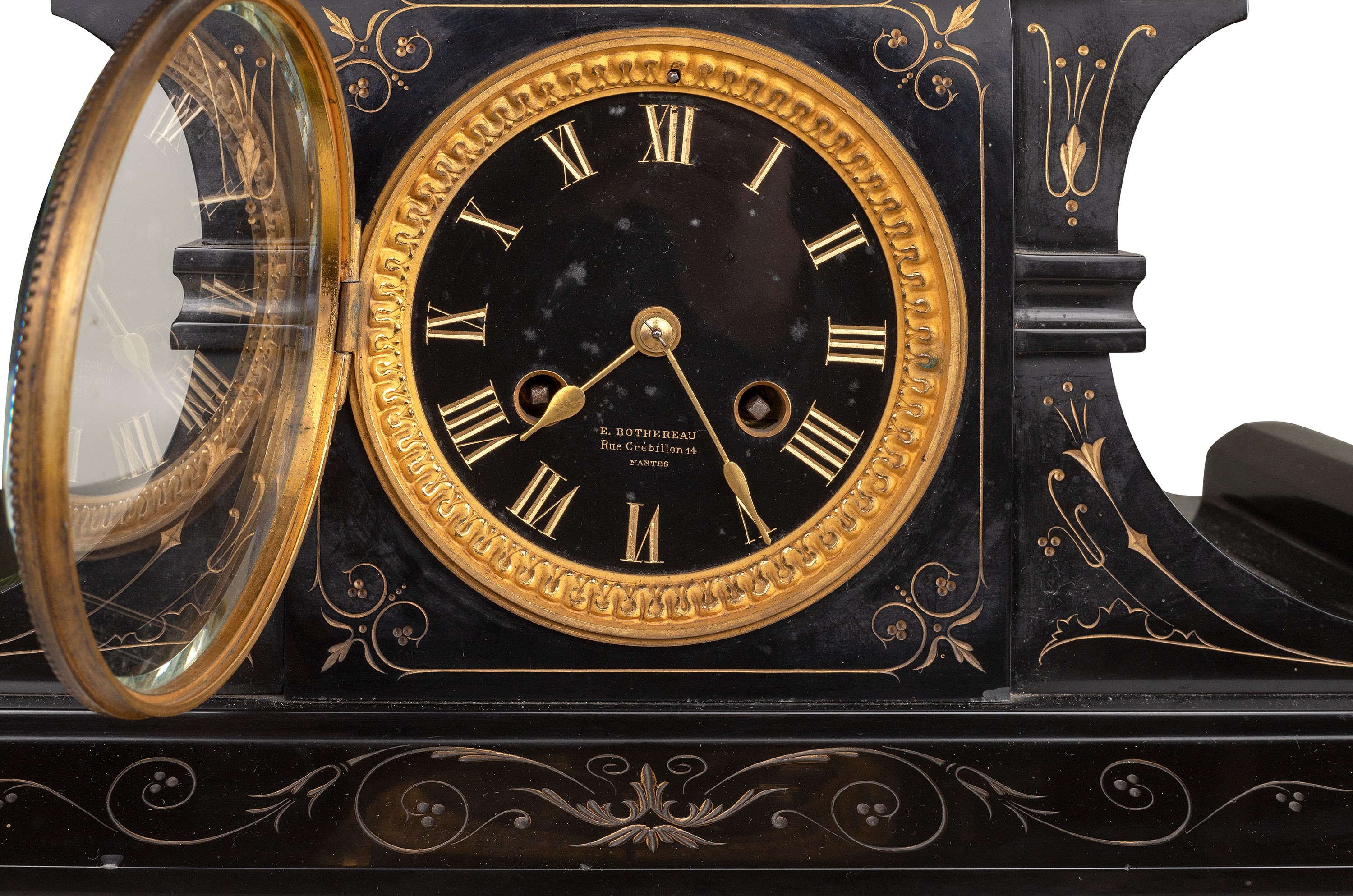 A Napoleon III marble mantle clock, with on top a patinated bronze female spinner, H 51 - W 44,5 cm - Image 5 of 5