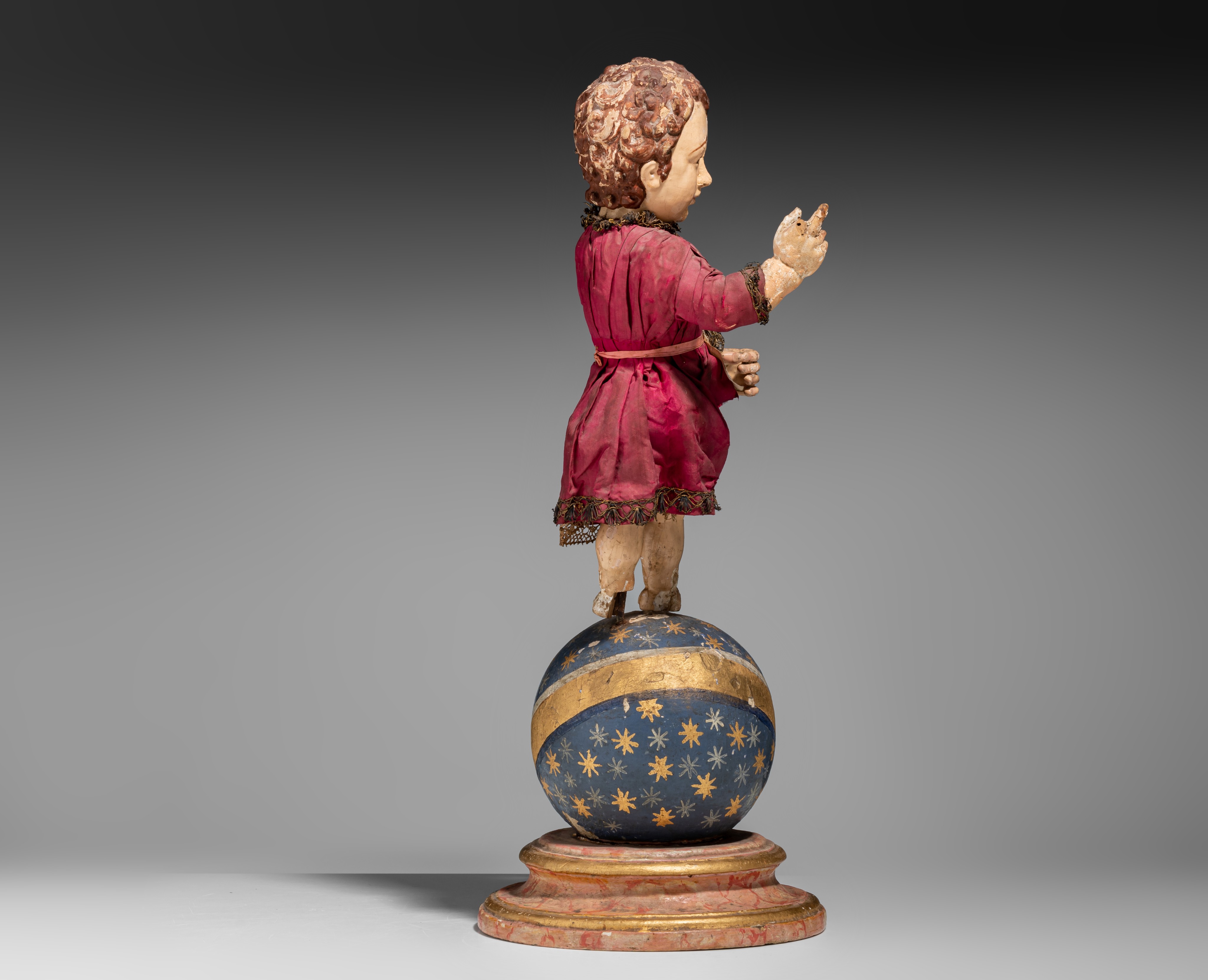 A polychrome wooden Child Jesus as the Salvator Mundi, 18thC, Iberian Peninsula, H 42,5 cm - Image 6 of 9