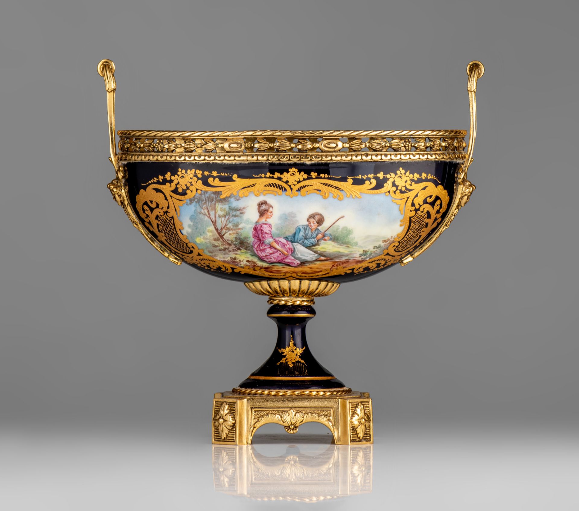 A three-piece Sèvres garniture set, decorated with gallant scenes, signed 'J. Césana', H 28,5 - 42,5 - Image 2 of 15