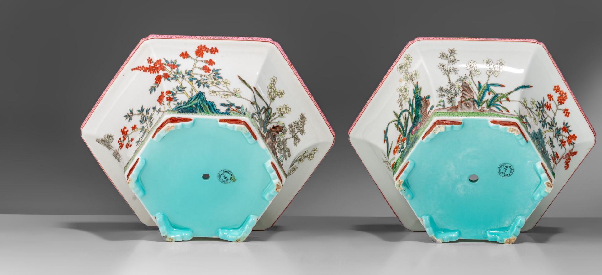 A pair of Chinese famille rose and turquoise enamelled hexagonal jardinières and stands, marked Shen - Image 8 of 12