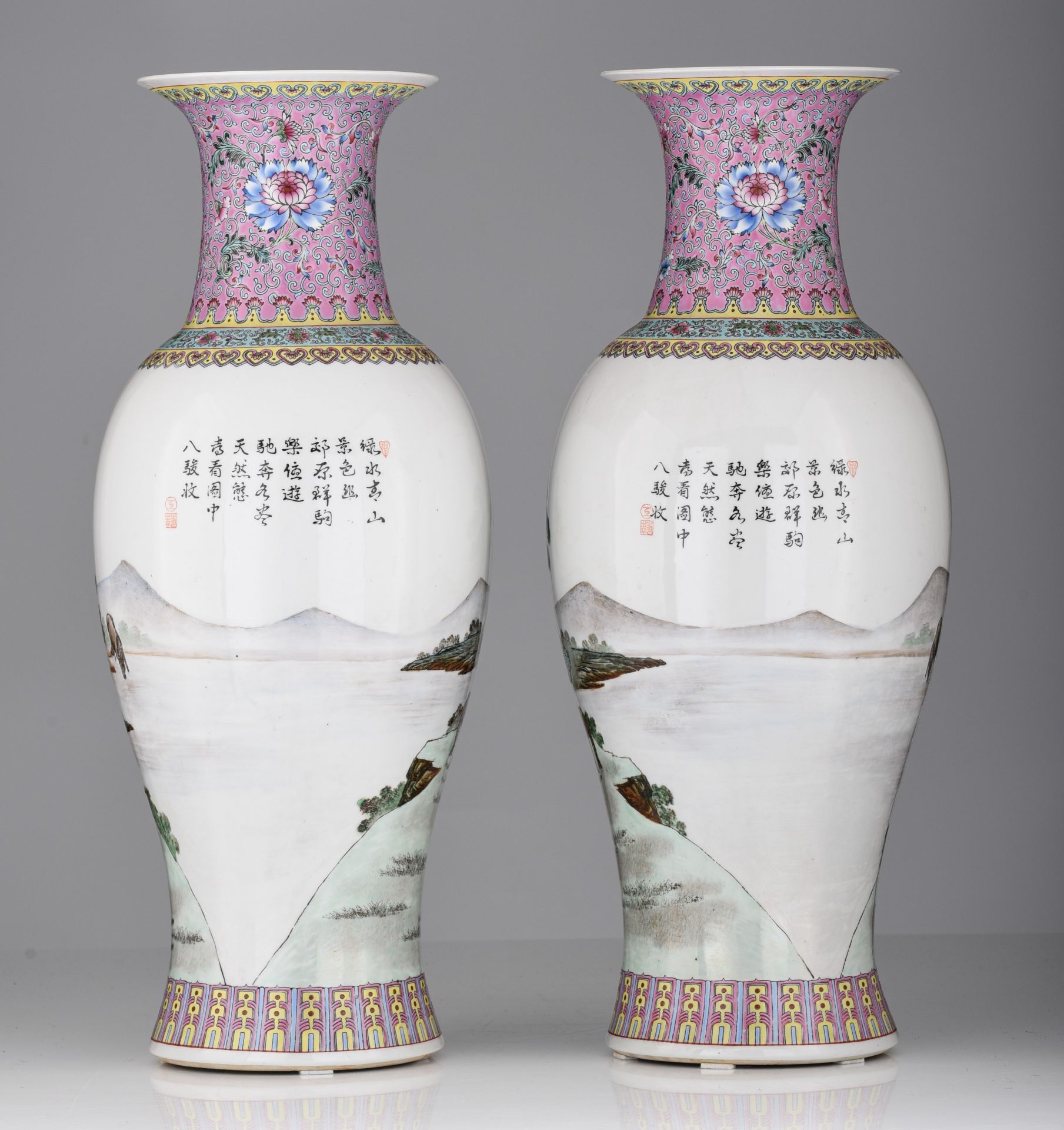 A pair of Chinese famille rose baluster vases, 20thC, H 61 cm - Image 4 of 8