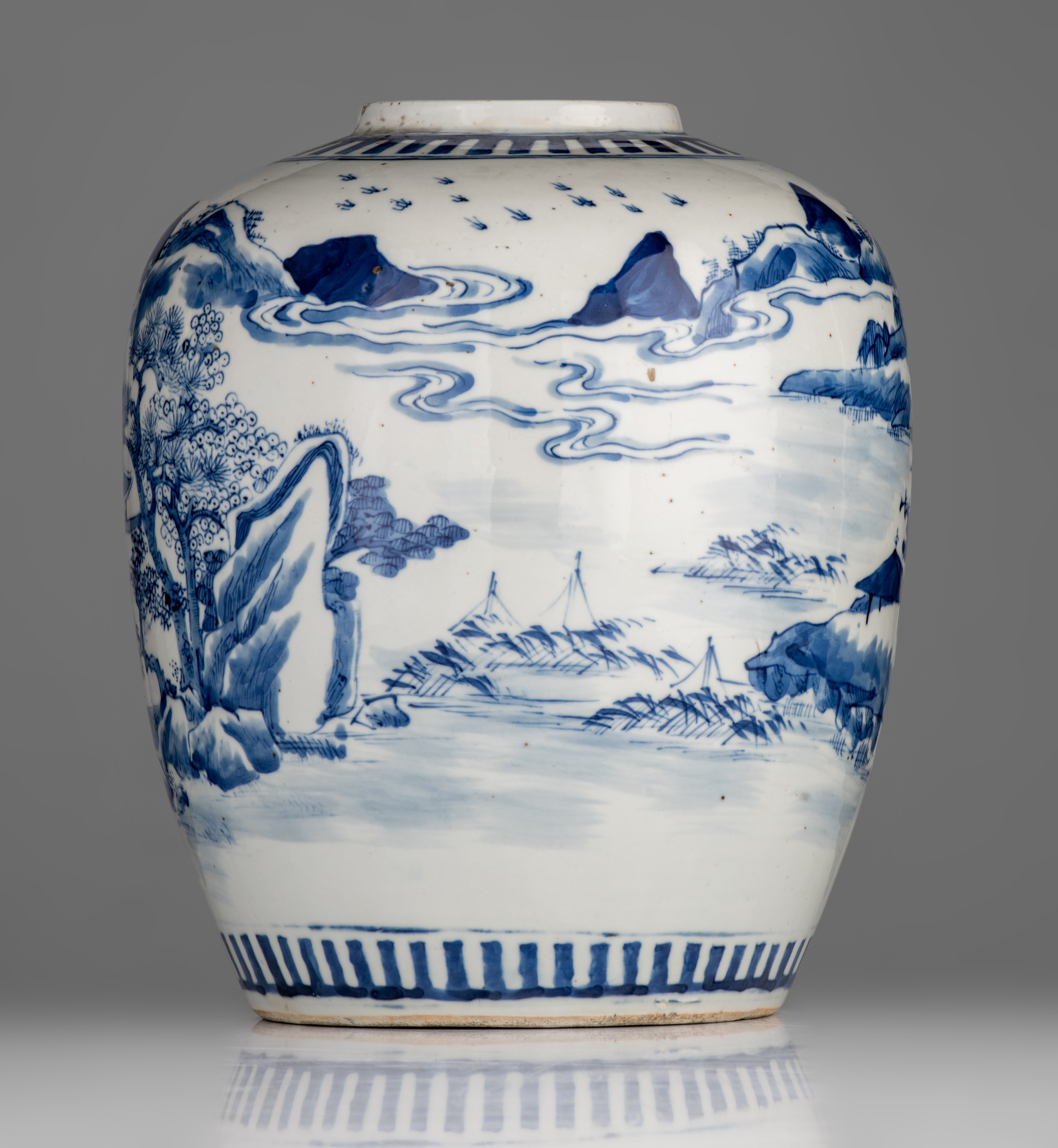 A Chinese blue and white Hu vase, paired with foliate handles, 19thC, H 44 cm - and a ditto jar, 19t - Image 9 of 13