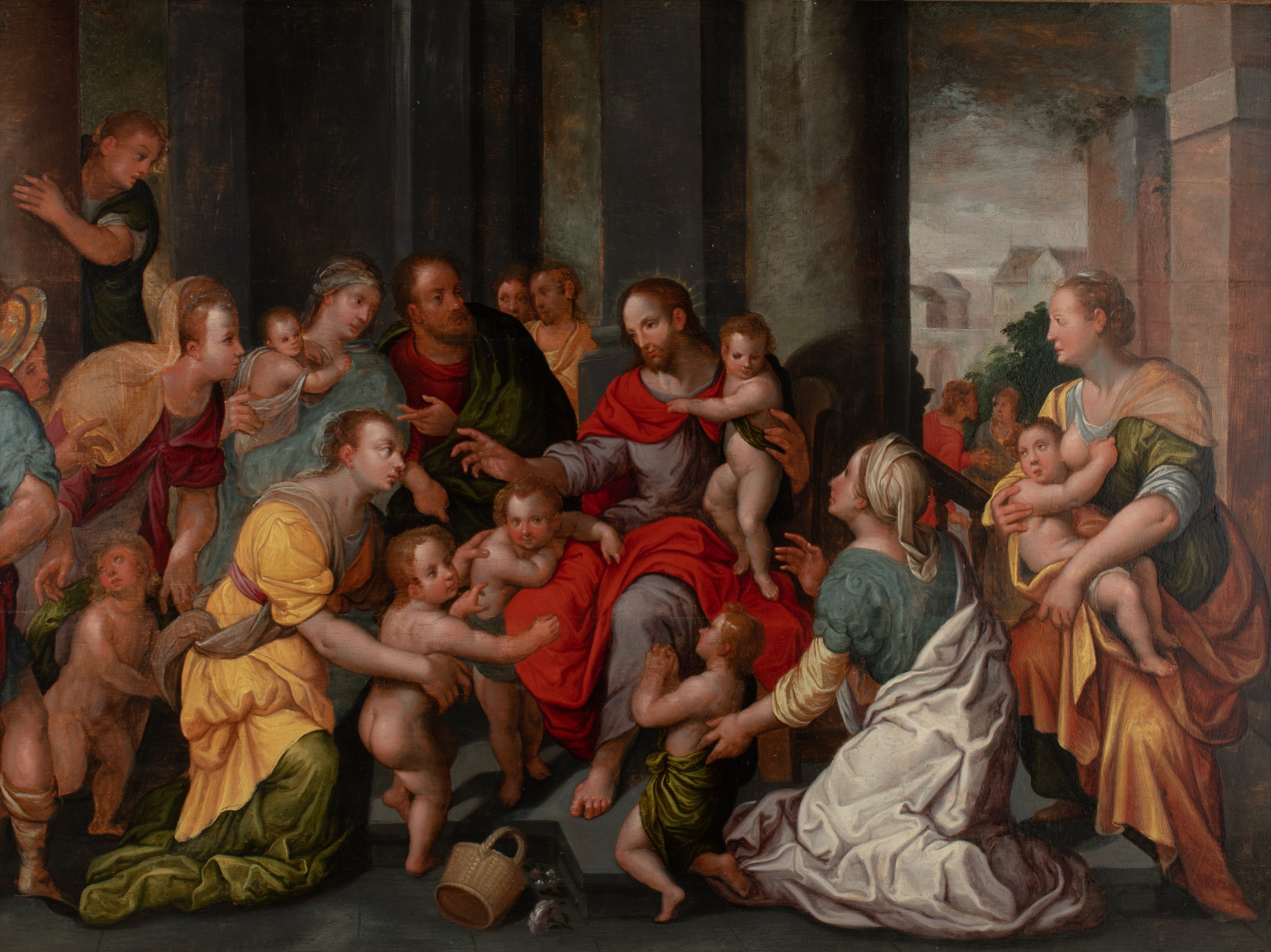 Attributed to Frans Floris, 'Let the children come to me', 16thC, oil on panel, 71 x 95 cm