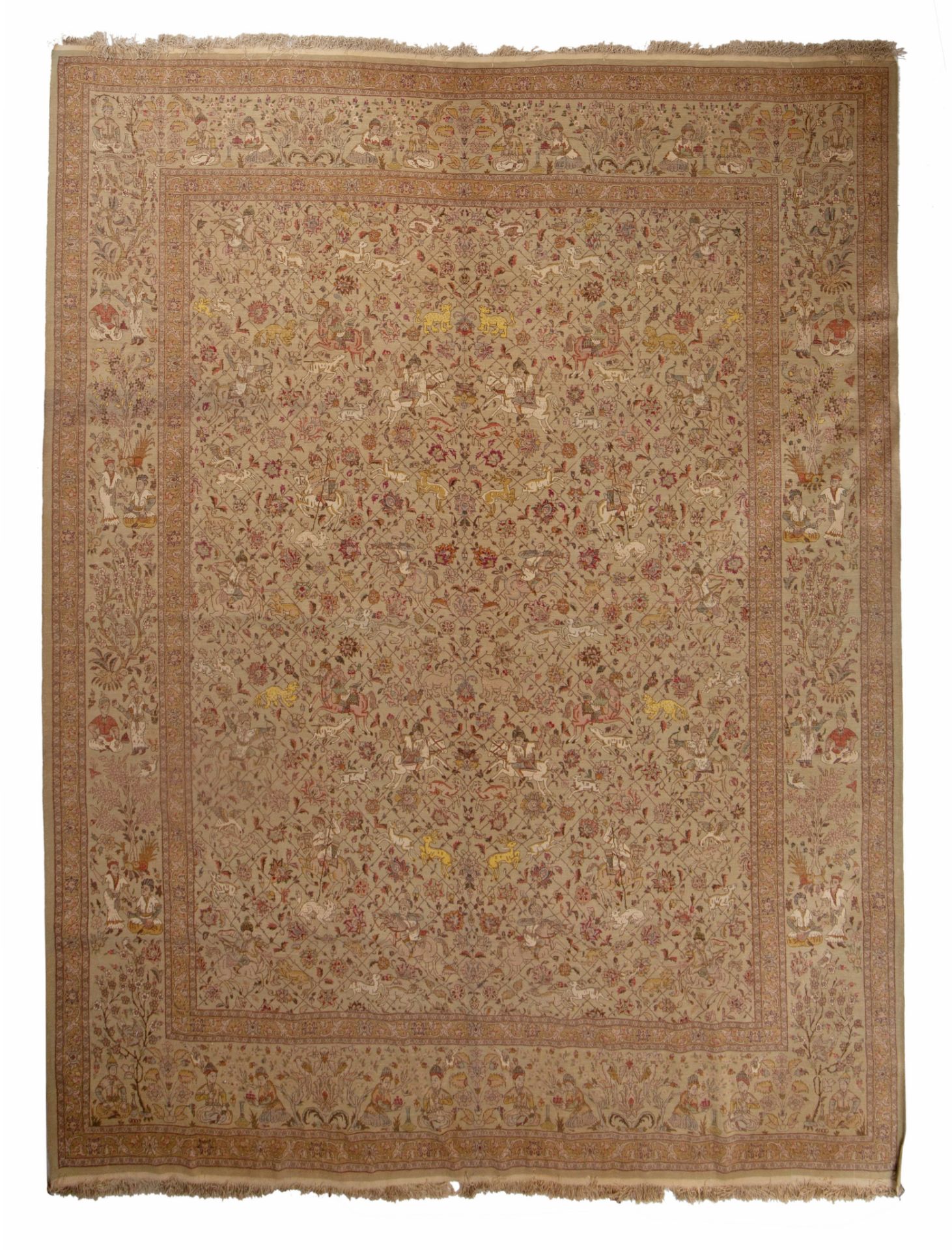 A large Oriental carpet decorated with hunting scenes to the field, 303 x 385 cm - Bild 2 aus 8