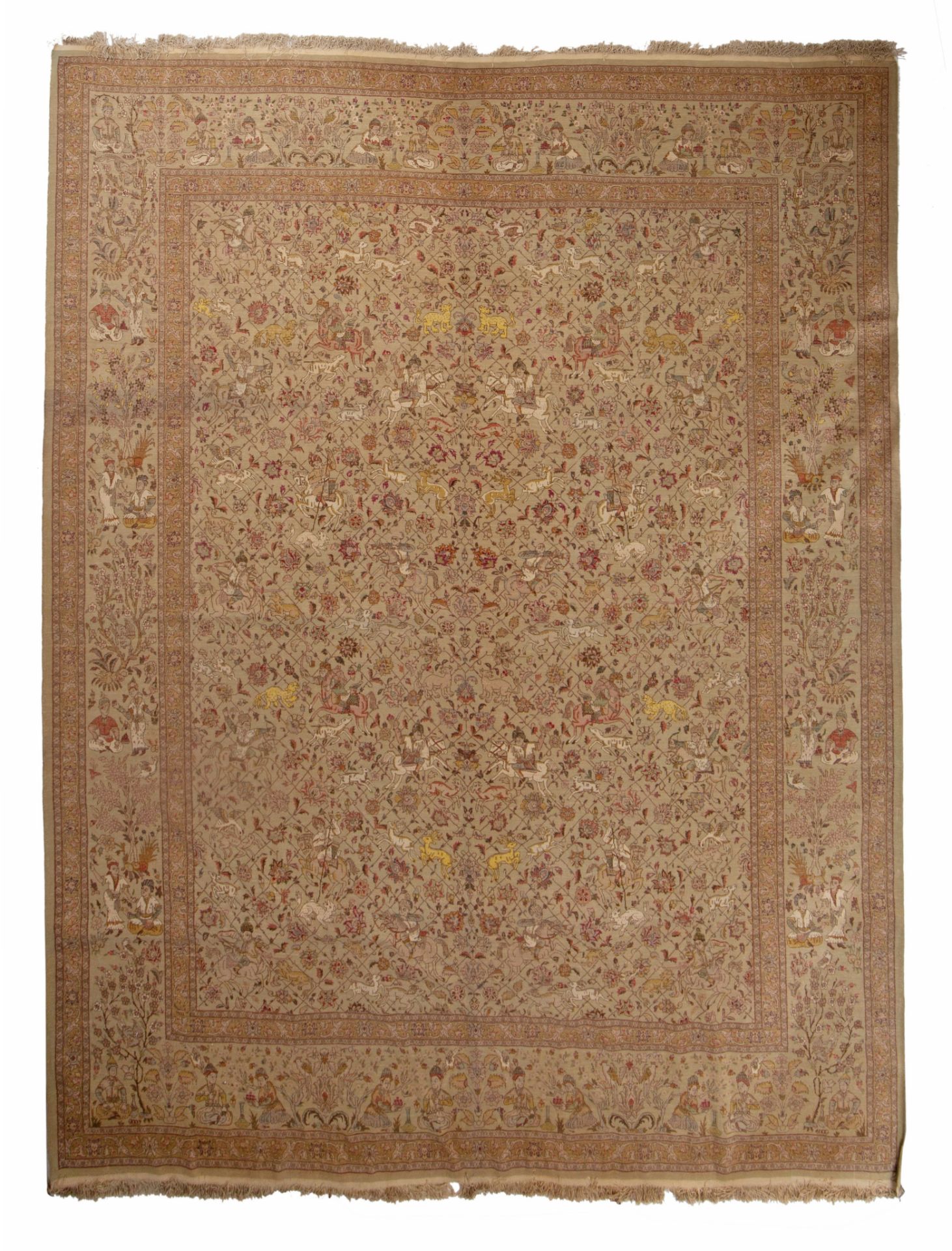 A large Oriental carpet decorated with hunting scenes to the field, 303 x 385 cm - Image 2 of 8