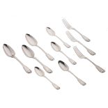 Three George III silver tablespoons, three ditto forks, and four ditto dessert spoons; L spoons 22 /