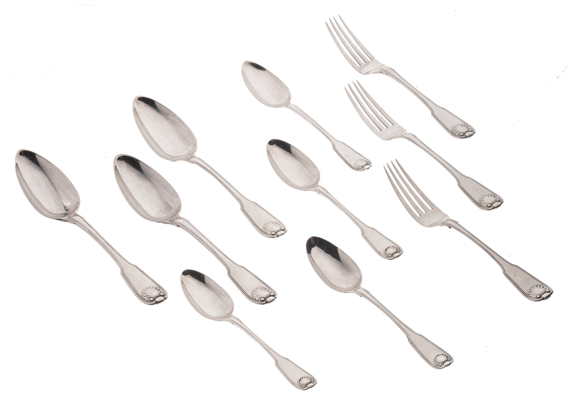 Three George III silver tablespoons, three ditto forks, and four ditto dessert spoons; L spoons 22 /