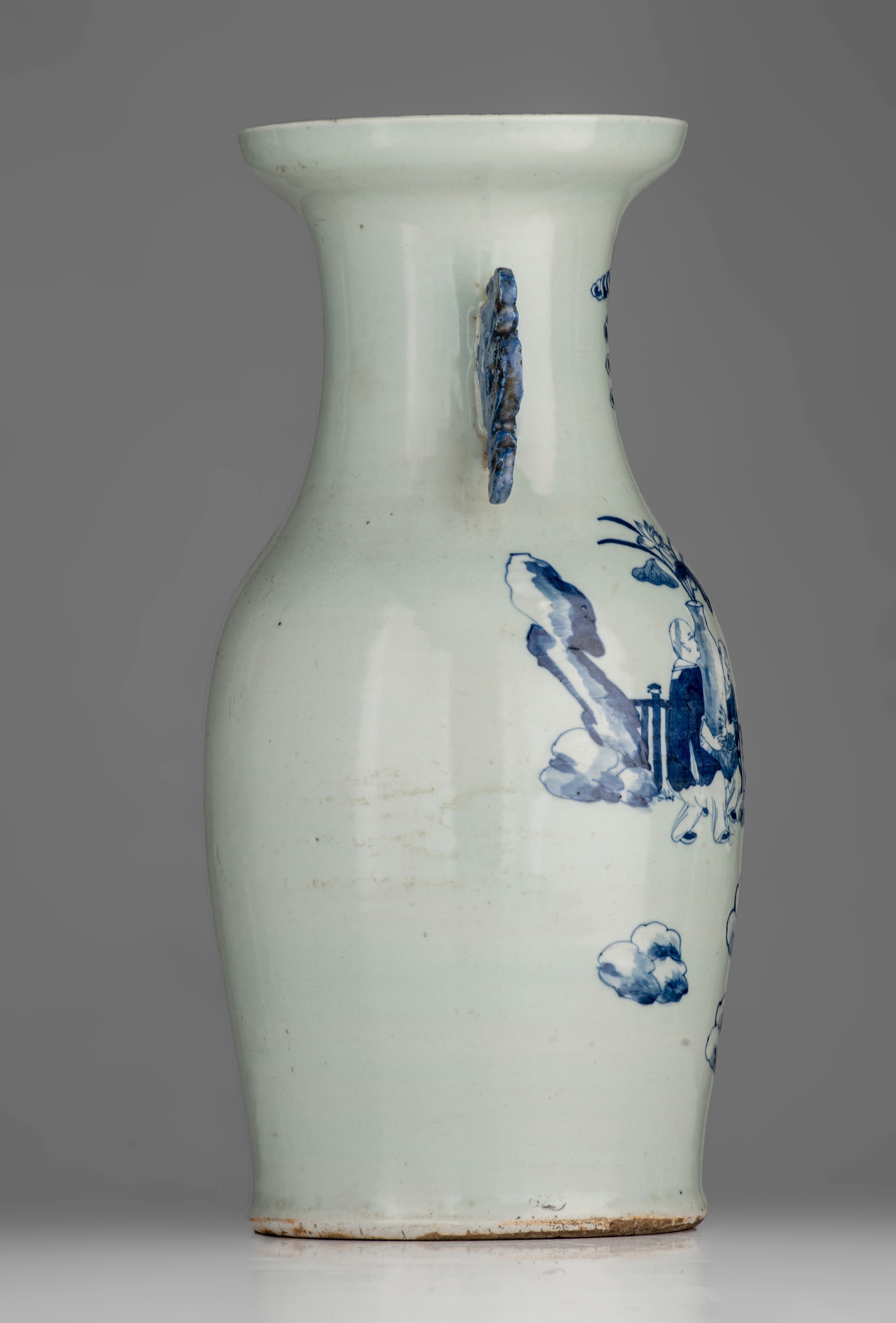 A Chinese famille rose 'cockerel' vase, Republic period, H 43,5 cm- and a blue and white on celadon - Image 5 of 13