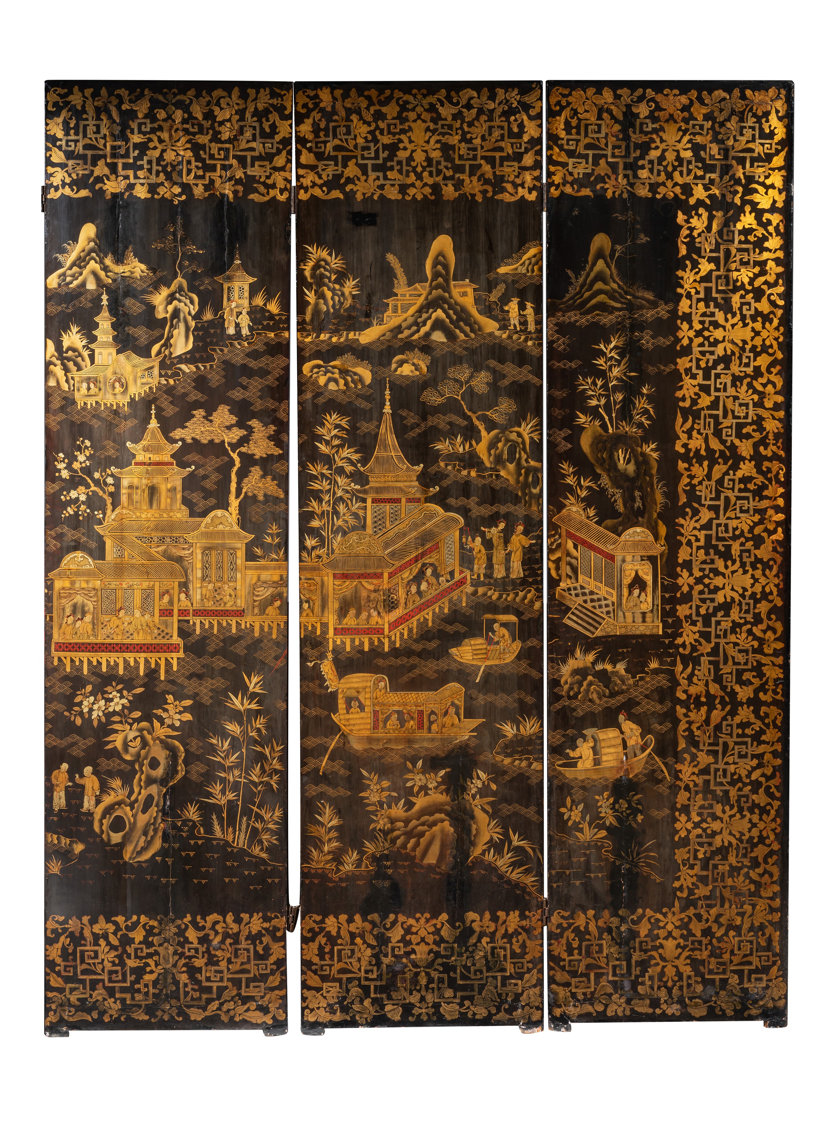 A Chinese export eight-panel gilt and black lacquer screen, late Qing dynasty, late 18thC/early 19th - Image 3 of 9