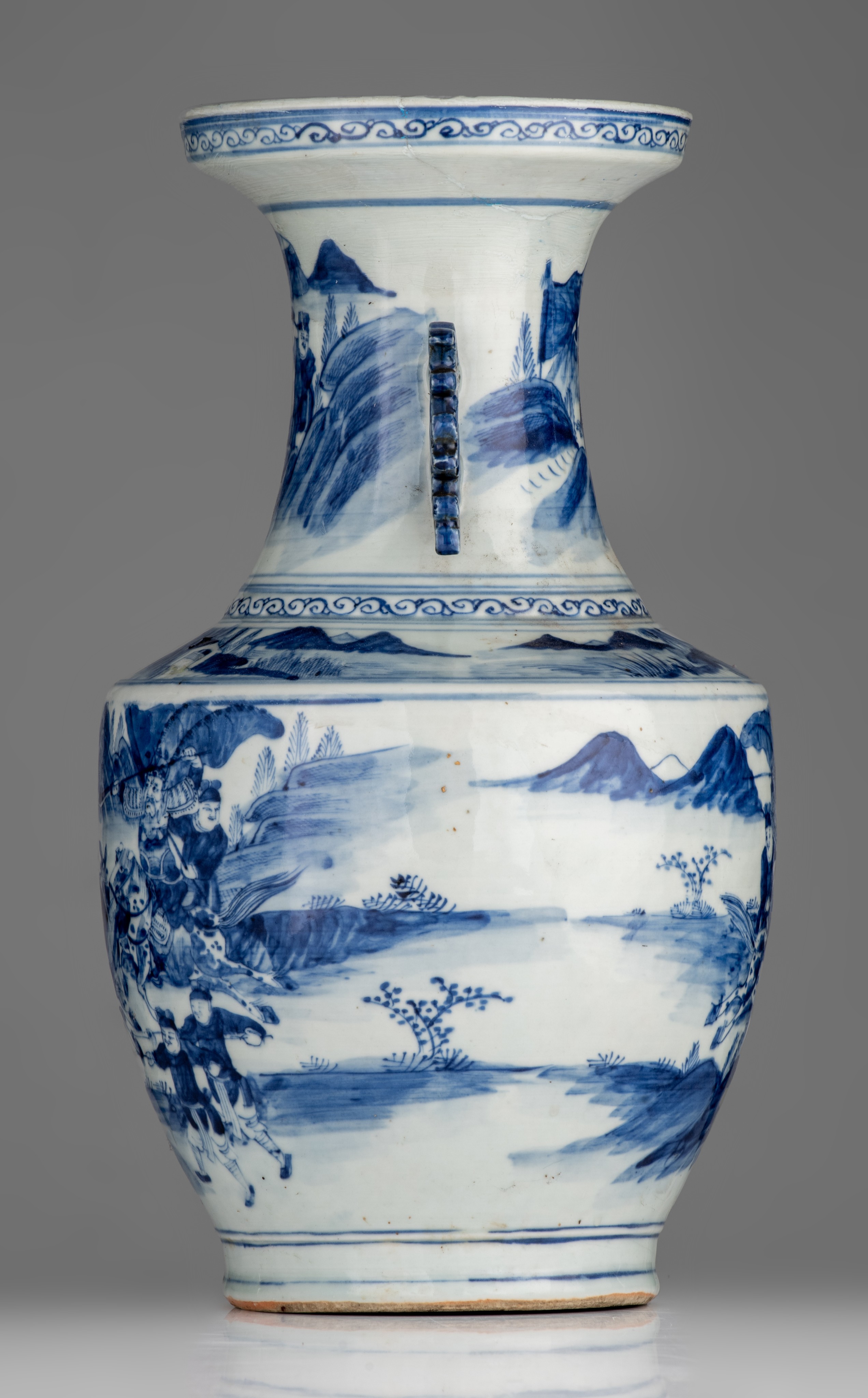 A Chinese blue and white Hu vase, paired with foliate handles, 19thC, H 44 cm - and a ditto jar, 19t - Image 3 of 13