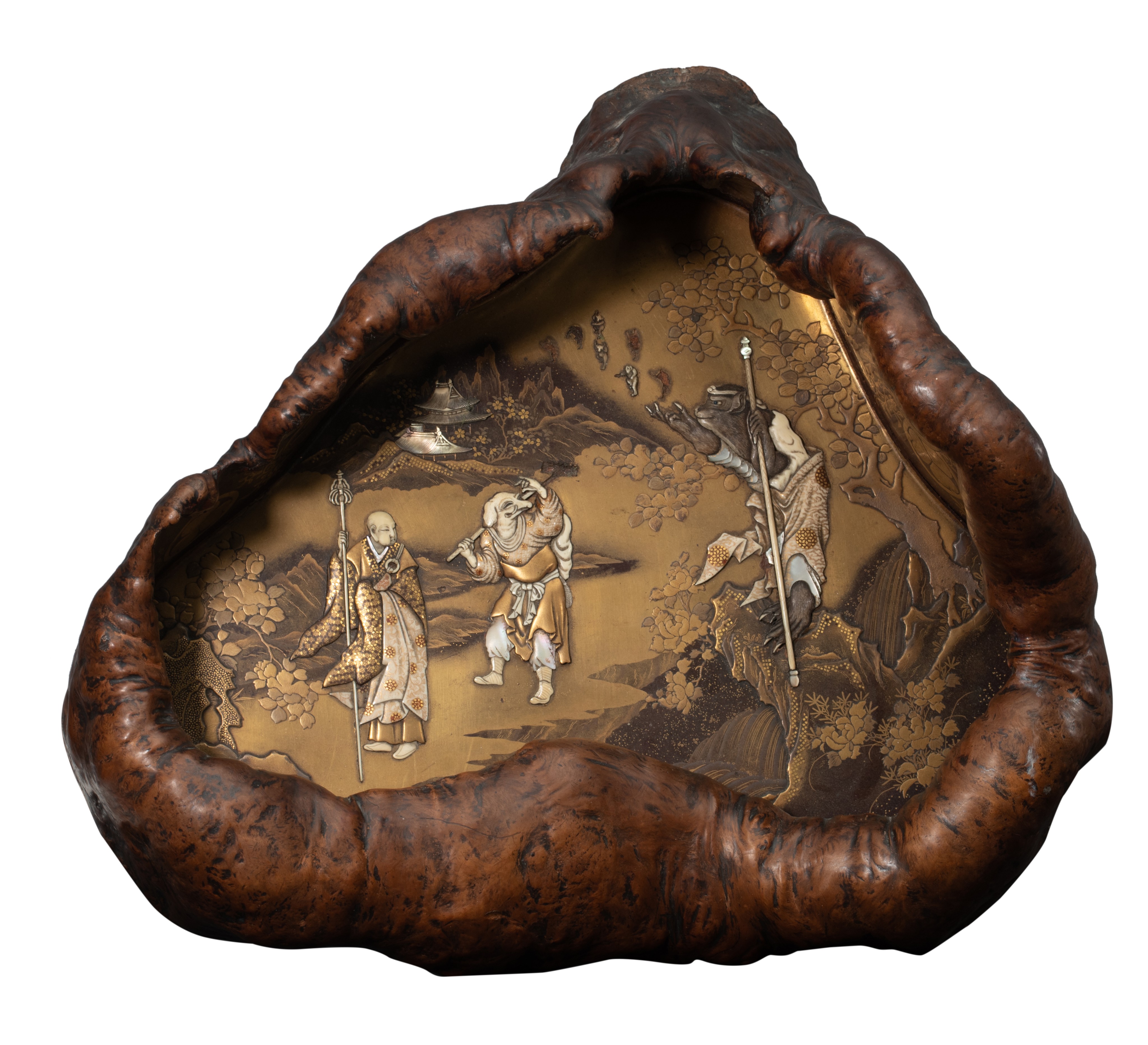 A fine Japanese 'Journey to the West' Shibayama inlay and gold lacquered decorative burlwood bowl, m - Image 2 of 11
