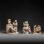 Three Japanese ivory okimonos, Meiji period, 395g - 117g - 174g (+)