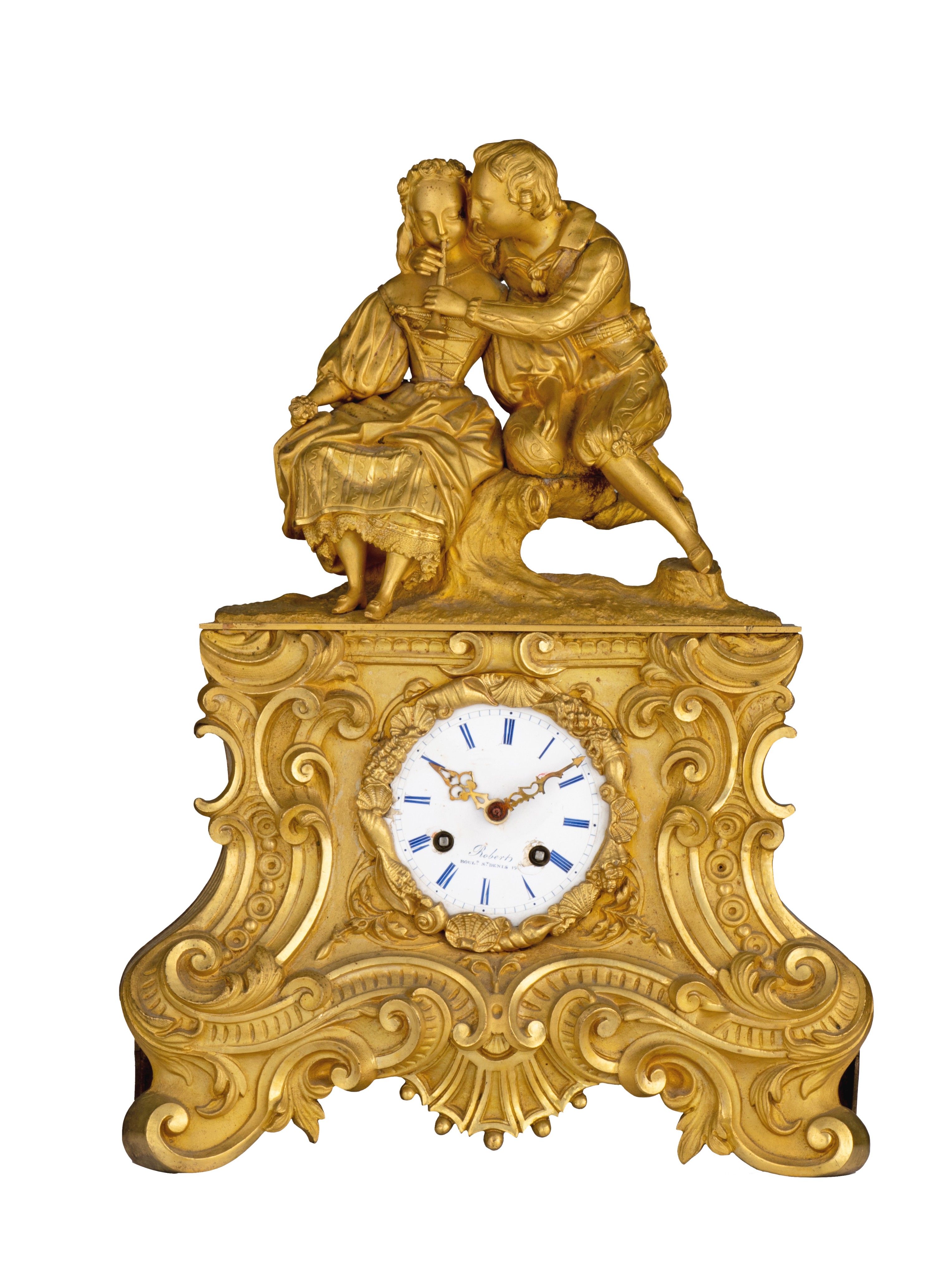 A Charles X gilt bronze mantle clock by Henri Robert, with a gallant scene, mid 19thC, H 38,5 cm