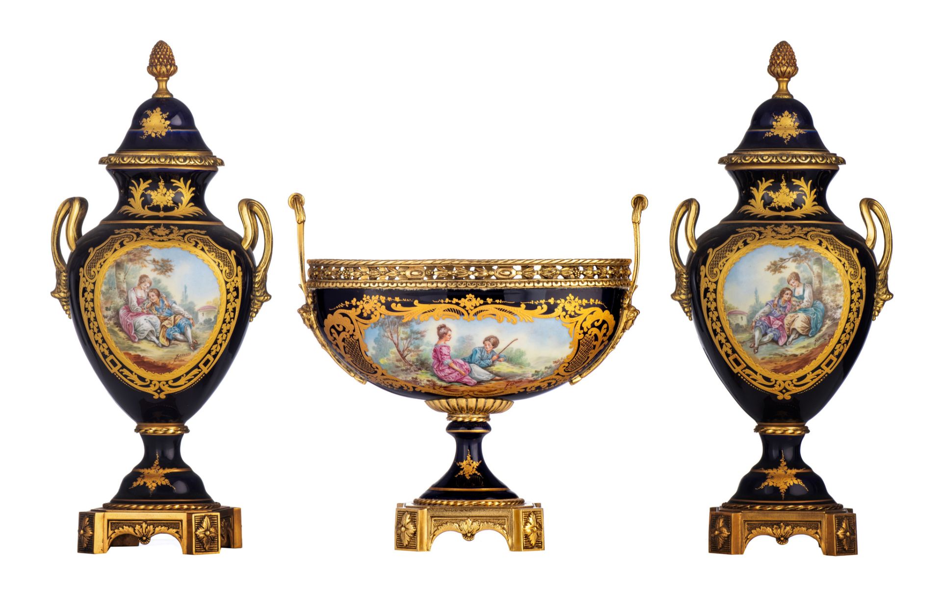 A three-piece Sèvres garniture set, decorated with gallant scenes, signed 'J. Césana', H 28,5 - 42,5