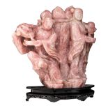 A Chinese carved rose quartz stone group, 20thC, H 58,5 - W 65 cm
