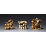 Three Japanese ivory okimono-netsuke, Meiji period, H 5,8 - 5,2 - 4,1 cm, weight 94 - 47 - 49 g. (+)