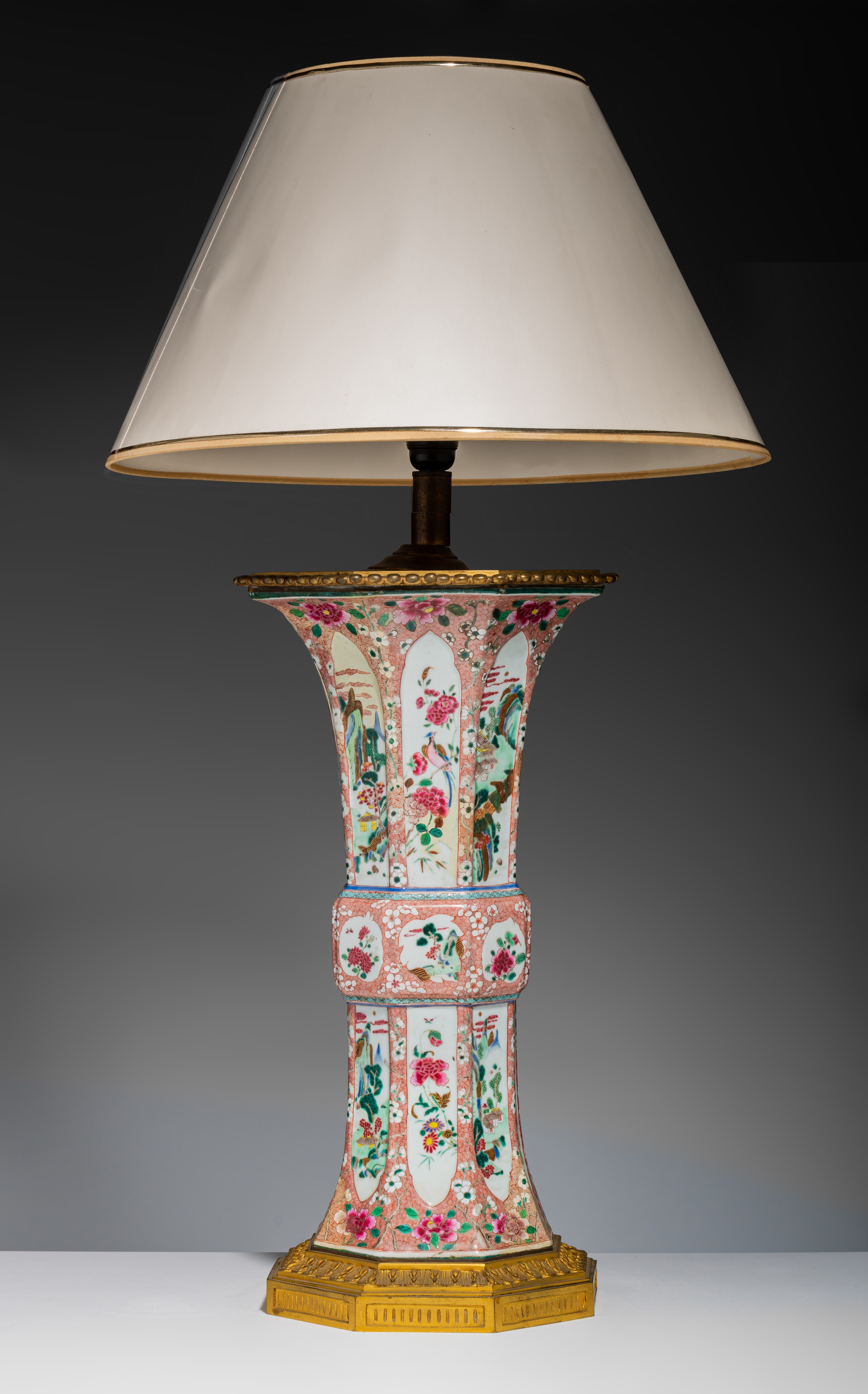 A large Chinese famille rose faceted Gu-shaped beaker vase, mounted as a lamp, Yongzheng/early Qianl - Image 2 of 7