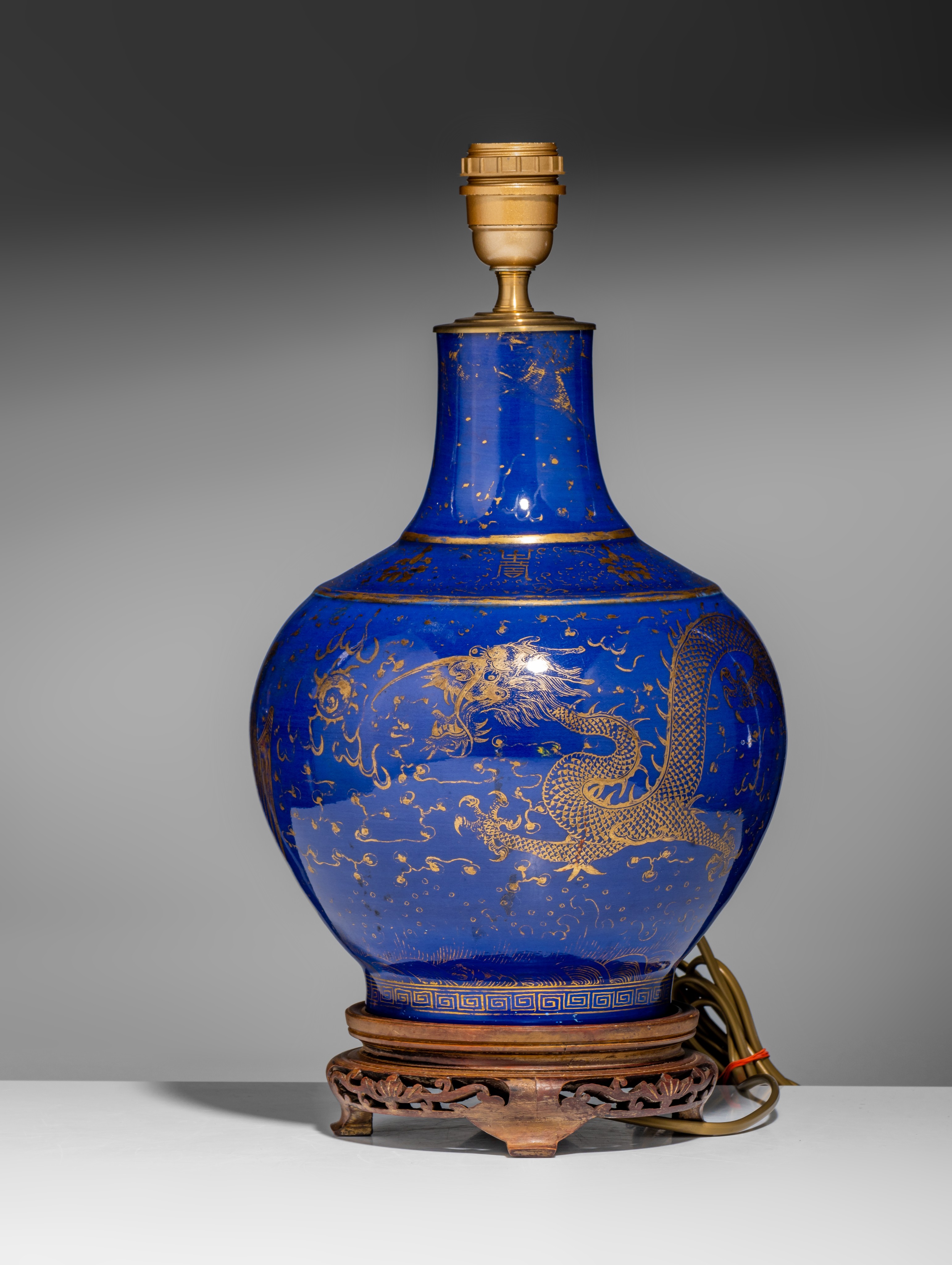 A Chinese gilt on blue ground bottle vase with mounts, 19thC, H 43 cm - and a blue and white 'Double - Image 10 of 12